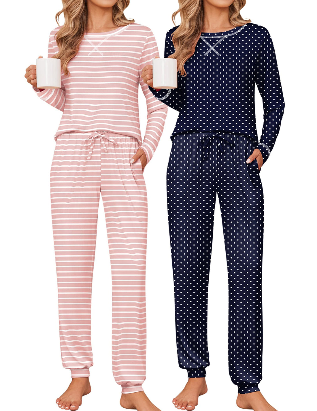 Ekouaer 2 Pack Pajama Sets for Womens Jogger Pants Pjs Long Sleeves Lounge Set Soft Sleepwear with Pockets