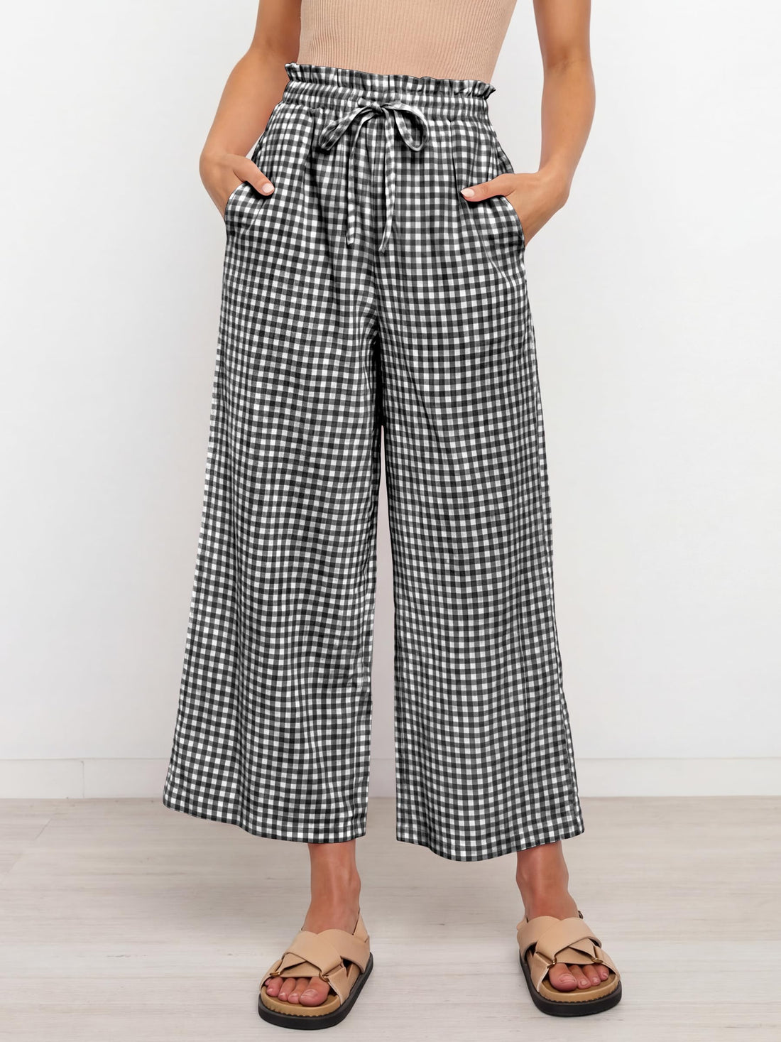 ANRABESS Womens Striped Gingham Palazzo Capri Pants Pajama Wide Leg Lounge Trousers Plaid Cute Crop PJ Bottoms with Pockets