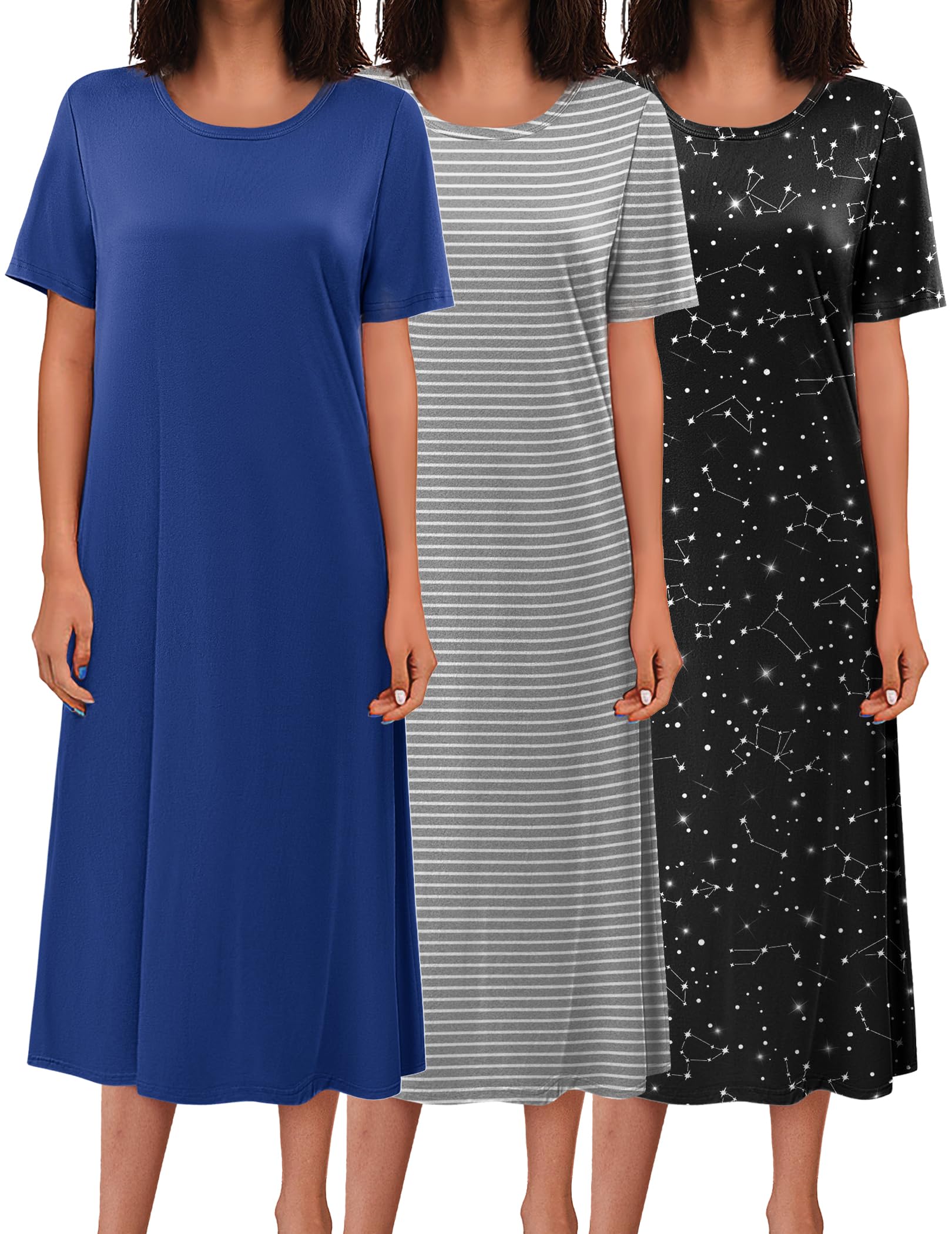 Ekouaer 3 Pack Long Nightgowns for Women Full Length Short Sleeve Nightshirt Soft Plus Size Sleepwear Casual Loungwear WEBE CLOTHING