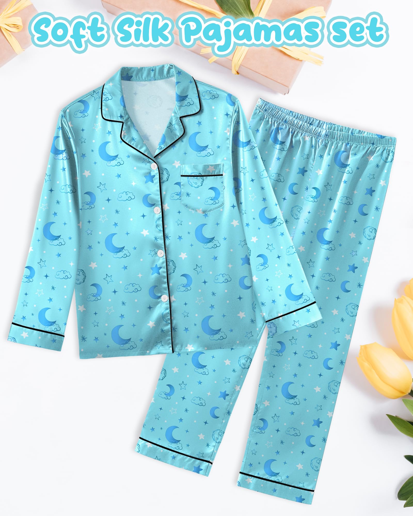 Sylfairy Girls Pajamas Silk PJS Set Satin Sleepwear Long Sleeve Jammies for Kids Button-Down Nightwear Loungewear 3-16 Years