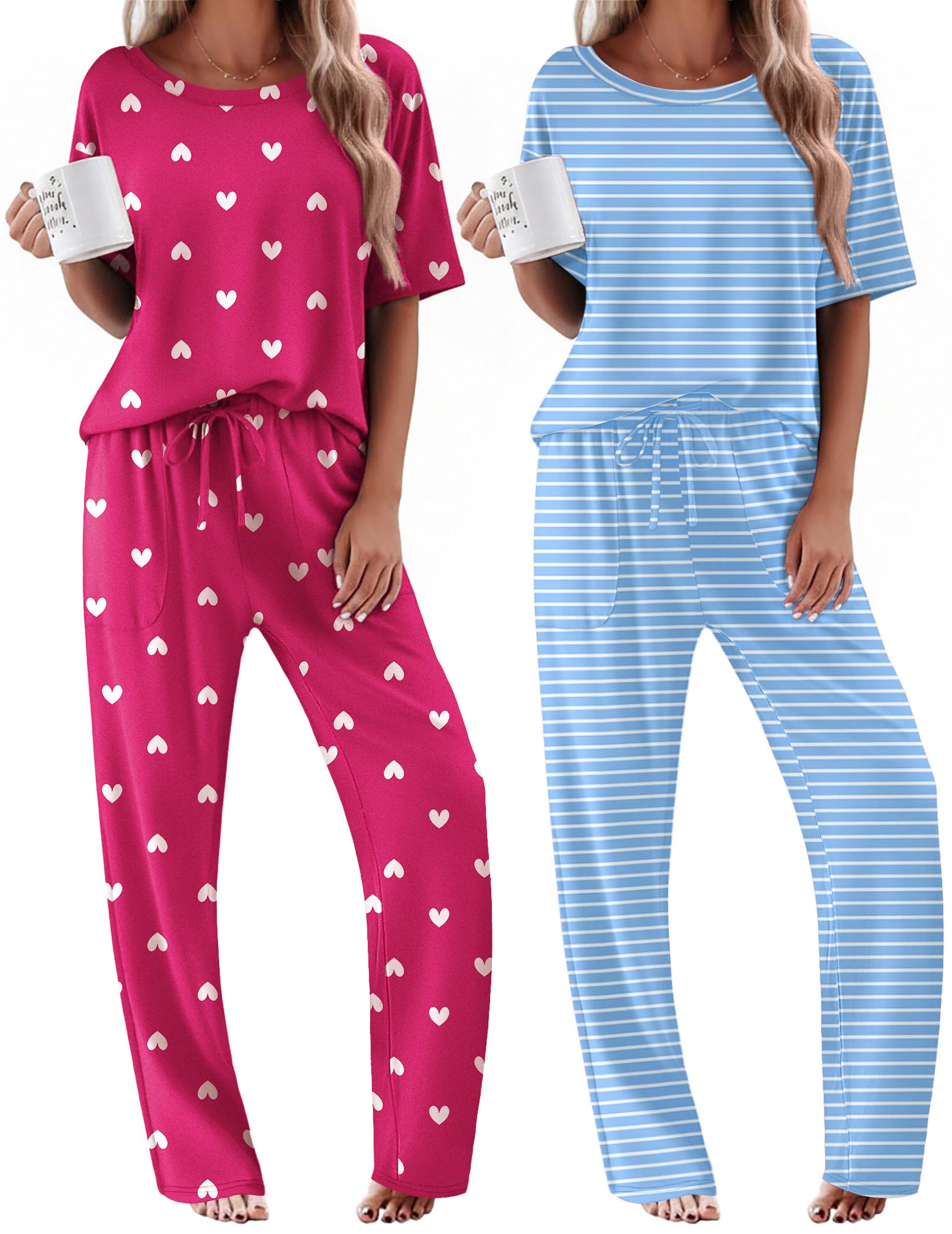 Ekouaer 2 Pack Womens Pajama Sets Short Sleeve Tops and Long Pants Casual Comfy Pjs Lounge Set with Pockets,S-XXL WEBE CLOTHING