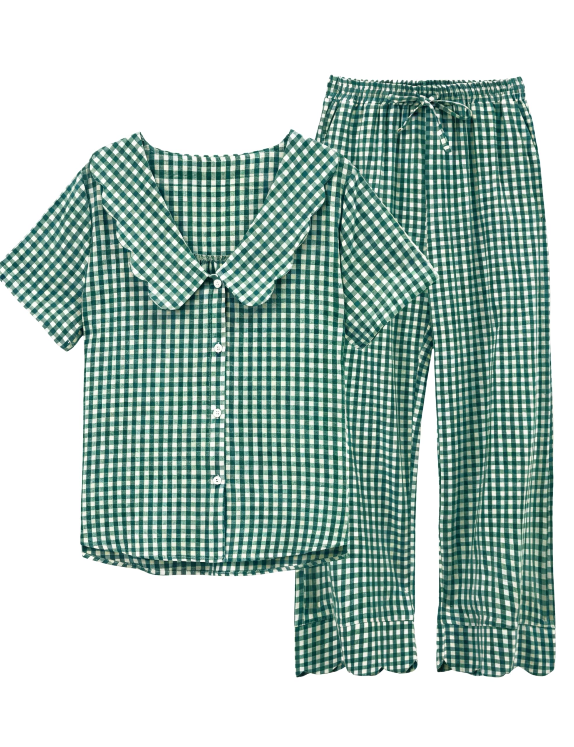 Tanming Womens Gingham 2 Piece Pajamas Sets Puff Sleeve Babydoll Shirt Ruffle Pants Pj Lounge Set Sleepwear WEBE CLOTHING