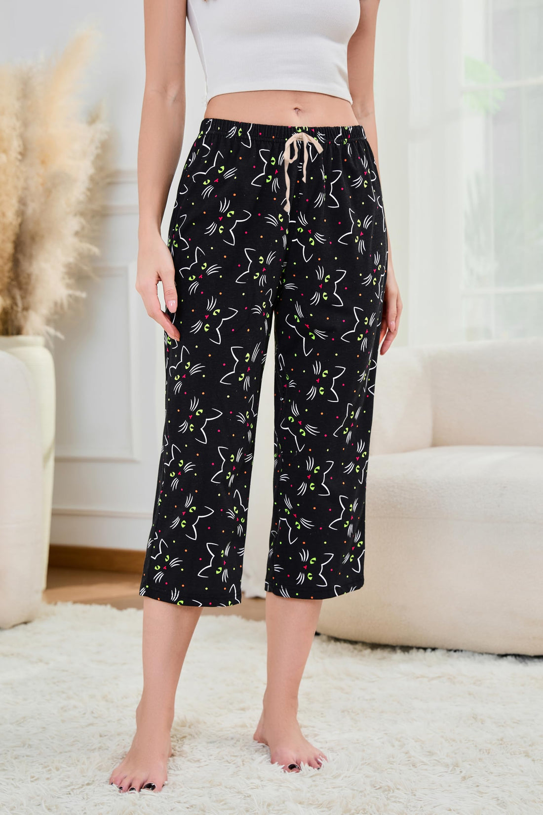 PNAEONG 3 Pack Women Pajama Pants Capri Length Drawstring Pj Bottoms Sleep Lounge Pants with Pockets S-3XL