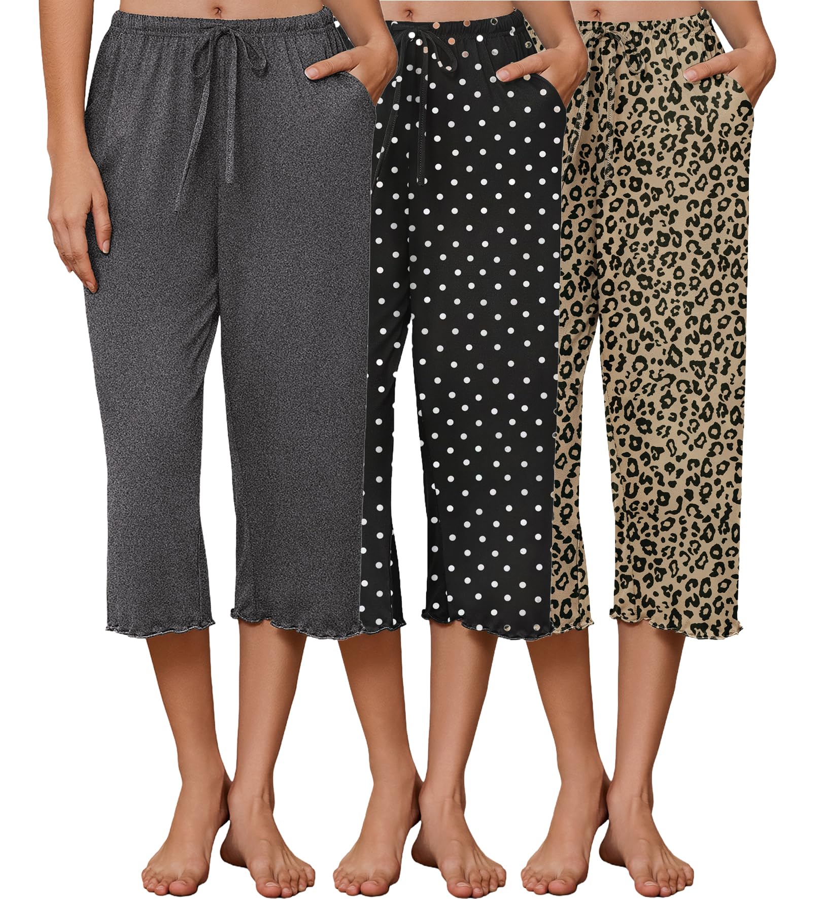 Ekouaer 3 Pack Women Capri Pajama Pants 2026 Ruffle Hem Lounge Pants Drawstring Pj Bottoms with Pockets