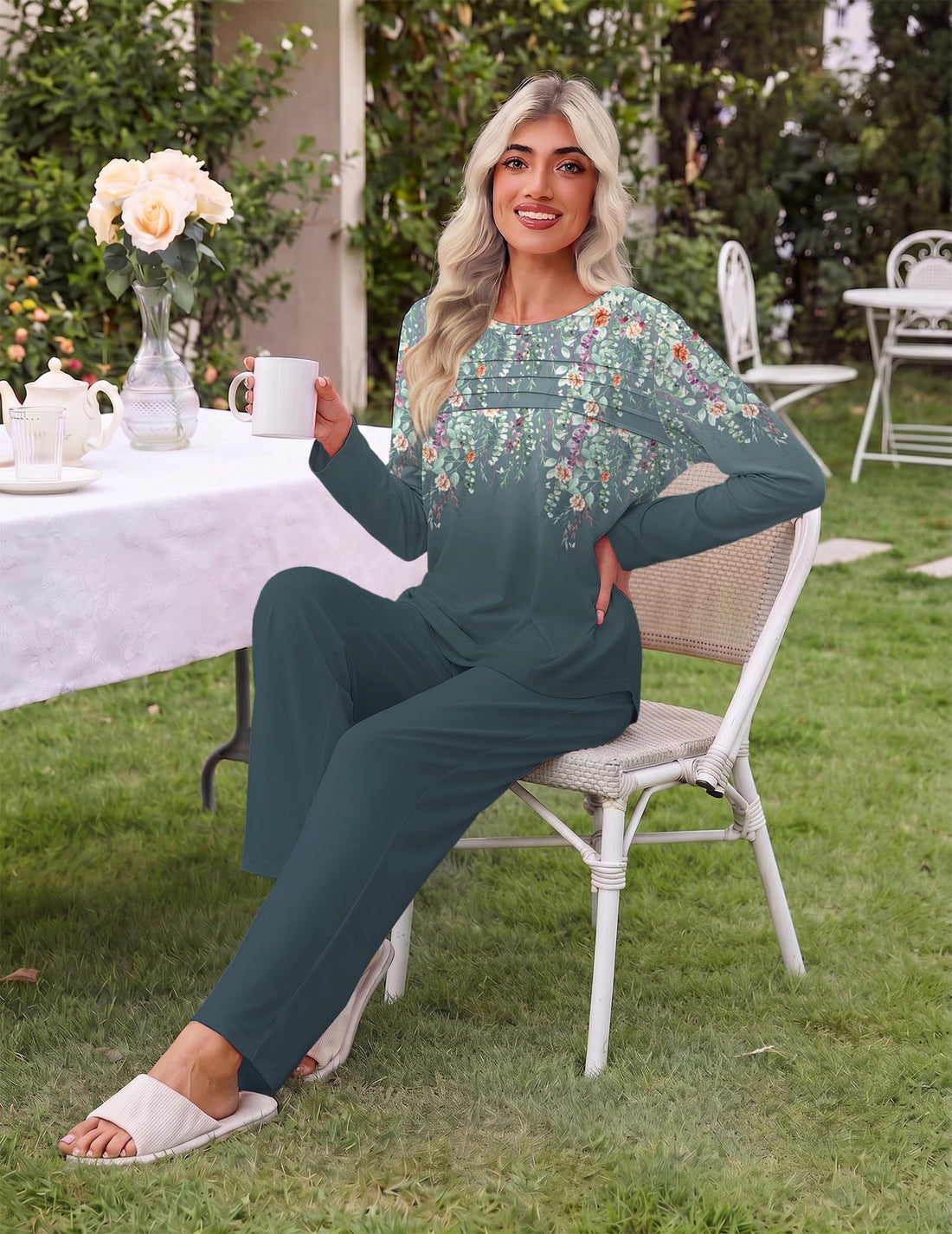 Ekouaer Womens Pajama Sets Pleated Tops with Long Pants Lounge Set Long Sleeve Fall Sleepwear Ladies Pjs S-XXL