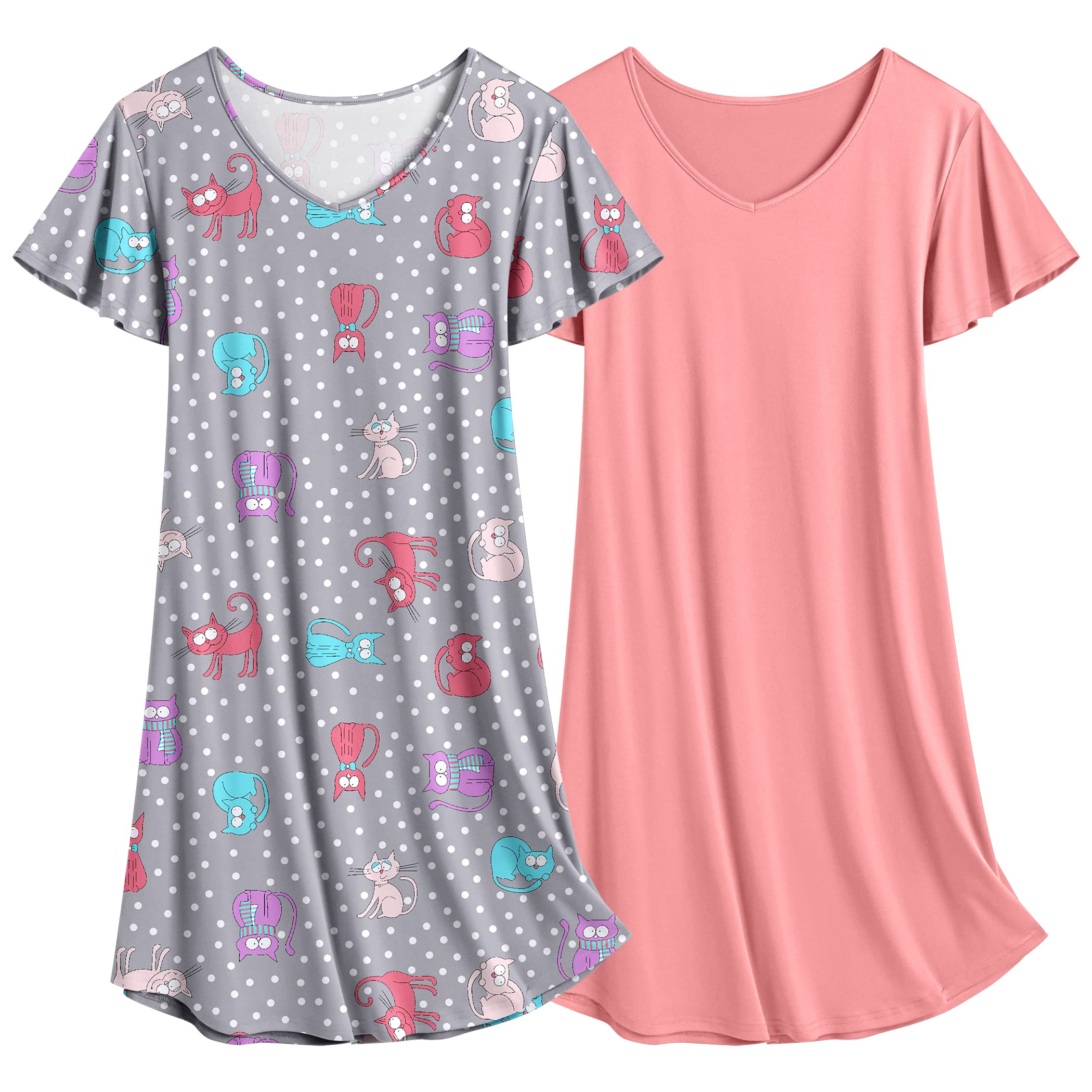 Ekouaer 2 Pack Women's Nightgown Short Sleeve Nightshirts Comfy Soft Pajama Sleep Dress