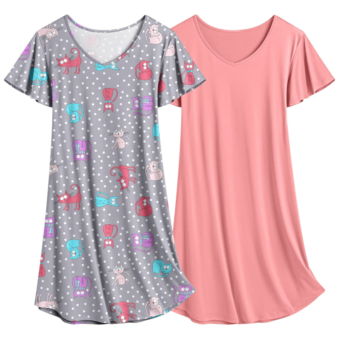 Ekouaer 2 Pack Women's Nightgown Short Sleeve Nightshirts Comfy Soft Pajama Sleep Dress