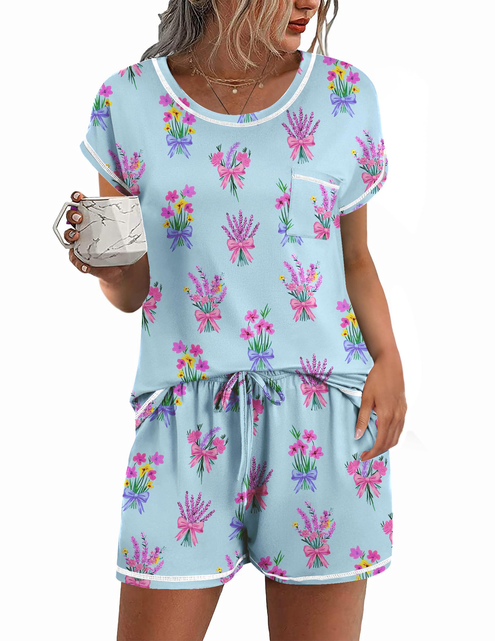 Ekouaer Womens Pajama Sets 2 Piece Soft Short Sleeve Top and Shorts Sleepwear Round Neck Pjs Lounge Set with Pockets