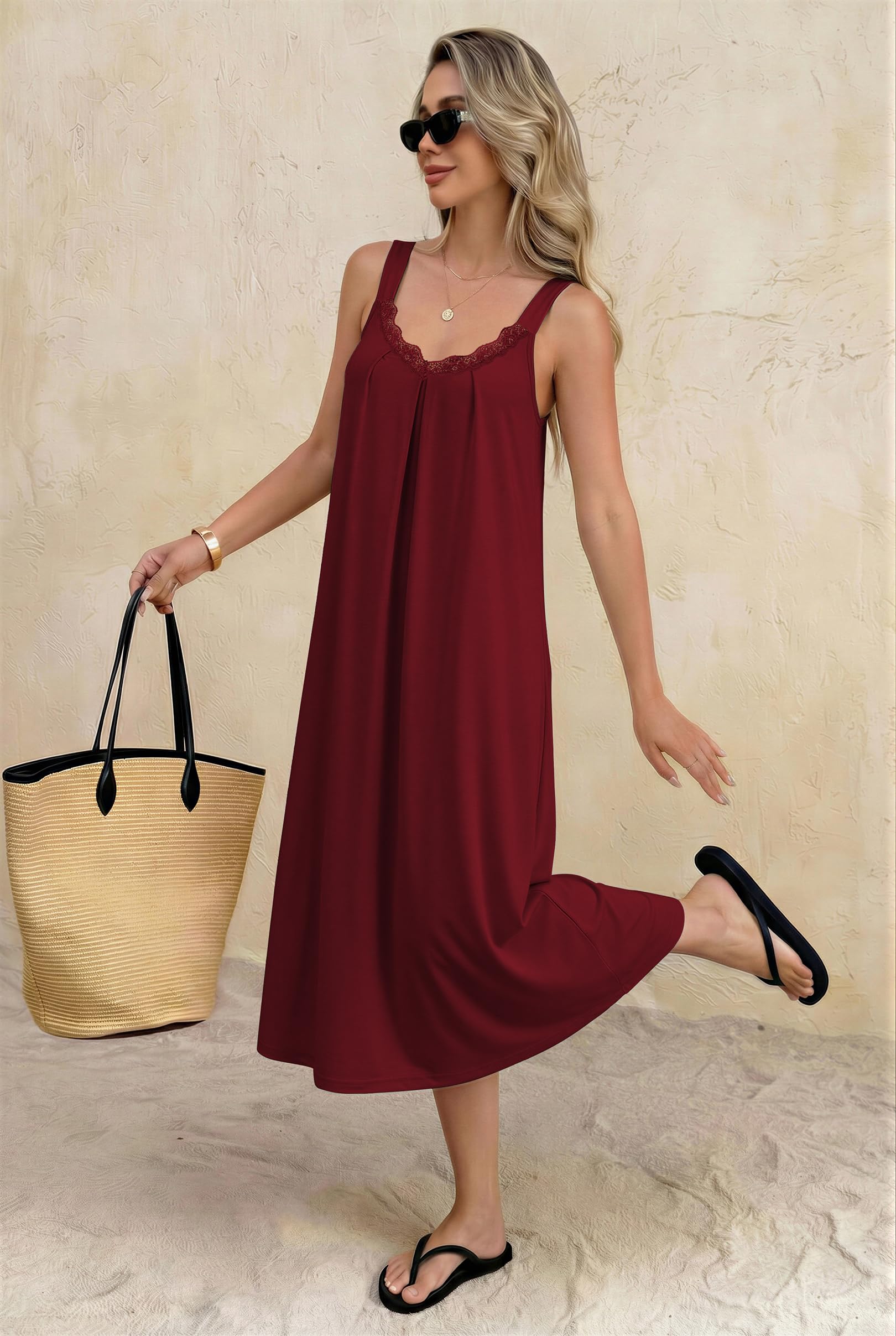 Ekouaer Sleeveless Nightgowns for Women Lace V-neck Long Nightdress Wide Strap Sleepwear Soft Lounge Dresses WEBE CLOTHING