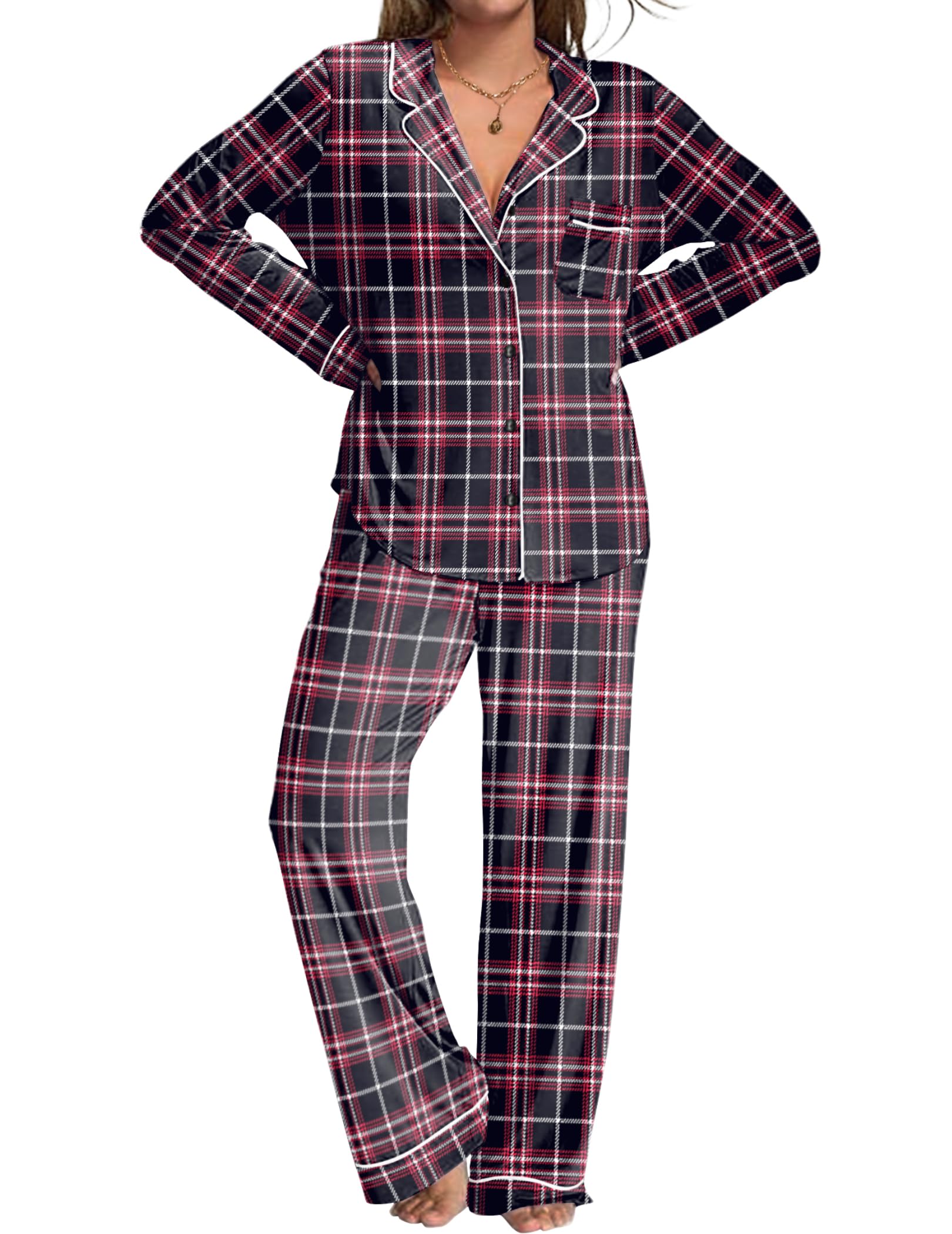 Ekouaer Womens Pajamas Set 2 Piece Button Down Pjs Soft Long Sleeve Top and Pants Sleepwear Set Lounge Sets