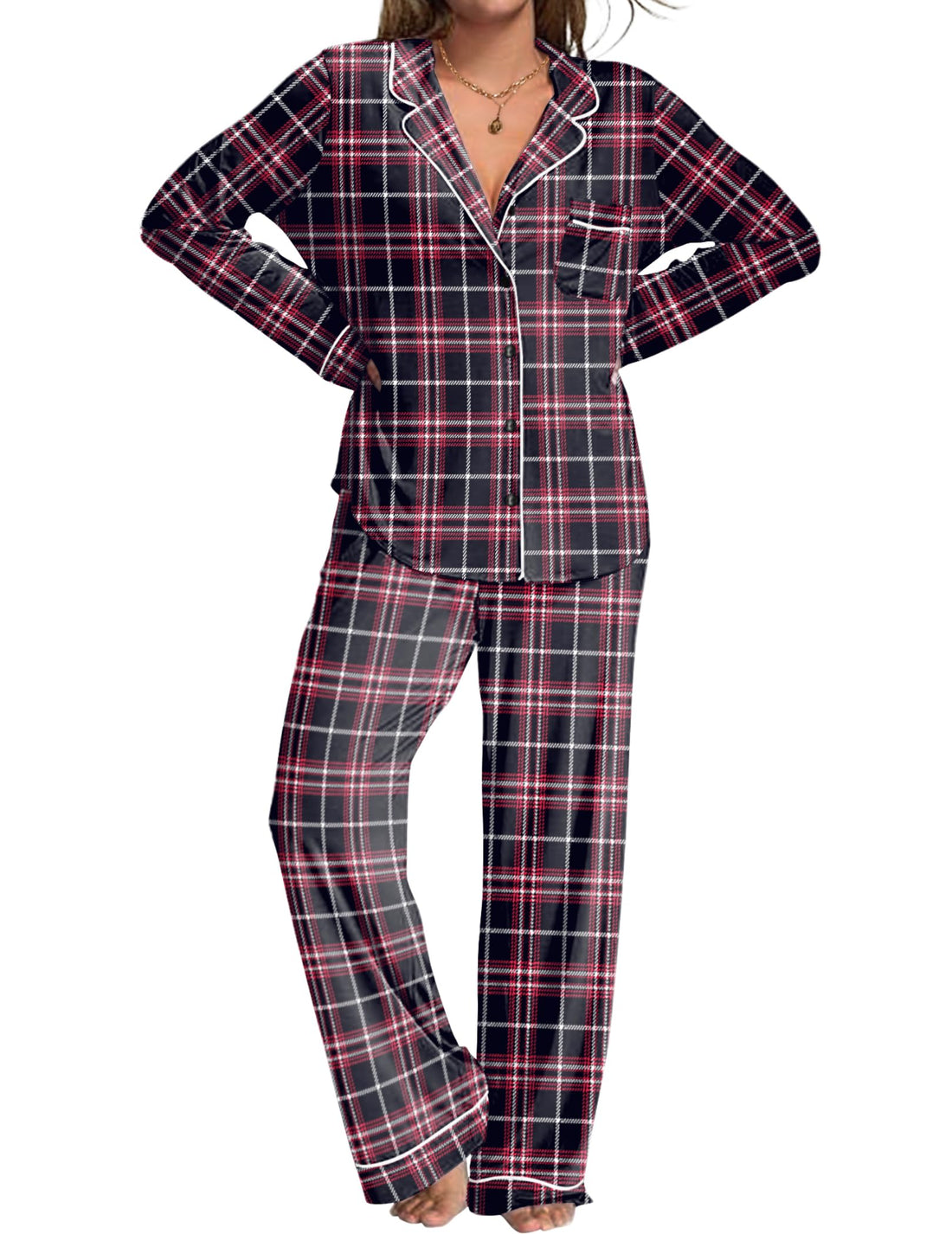 Ekouaer Womens Pajamas Set 2 Piece Button Down Pjs Soft Long Sleeve Top and Pants Sleepwear Set Lounge Sets