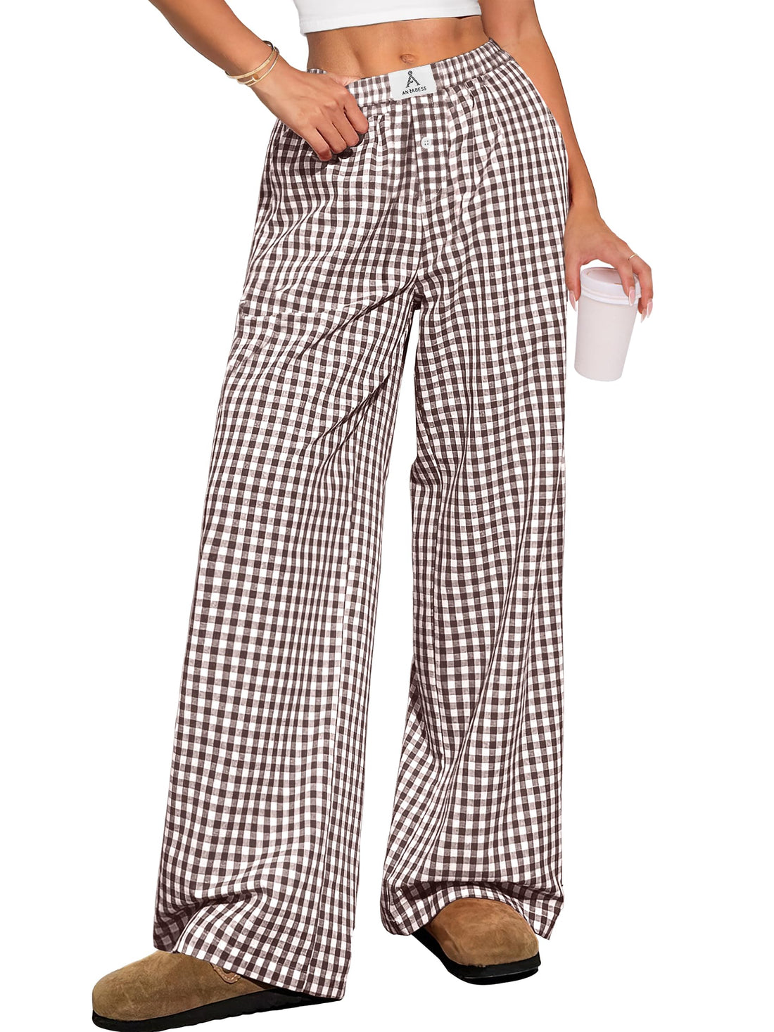 ANRABESS Womens Gingham Striped Boxer Pants | Wide Leg Elastic Waist with Pockets, Lounge Pajama Bottoms Home Daily Wear, Lightweight Breathable, Casual Summer Fall