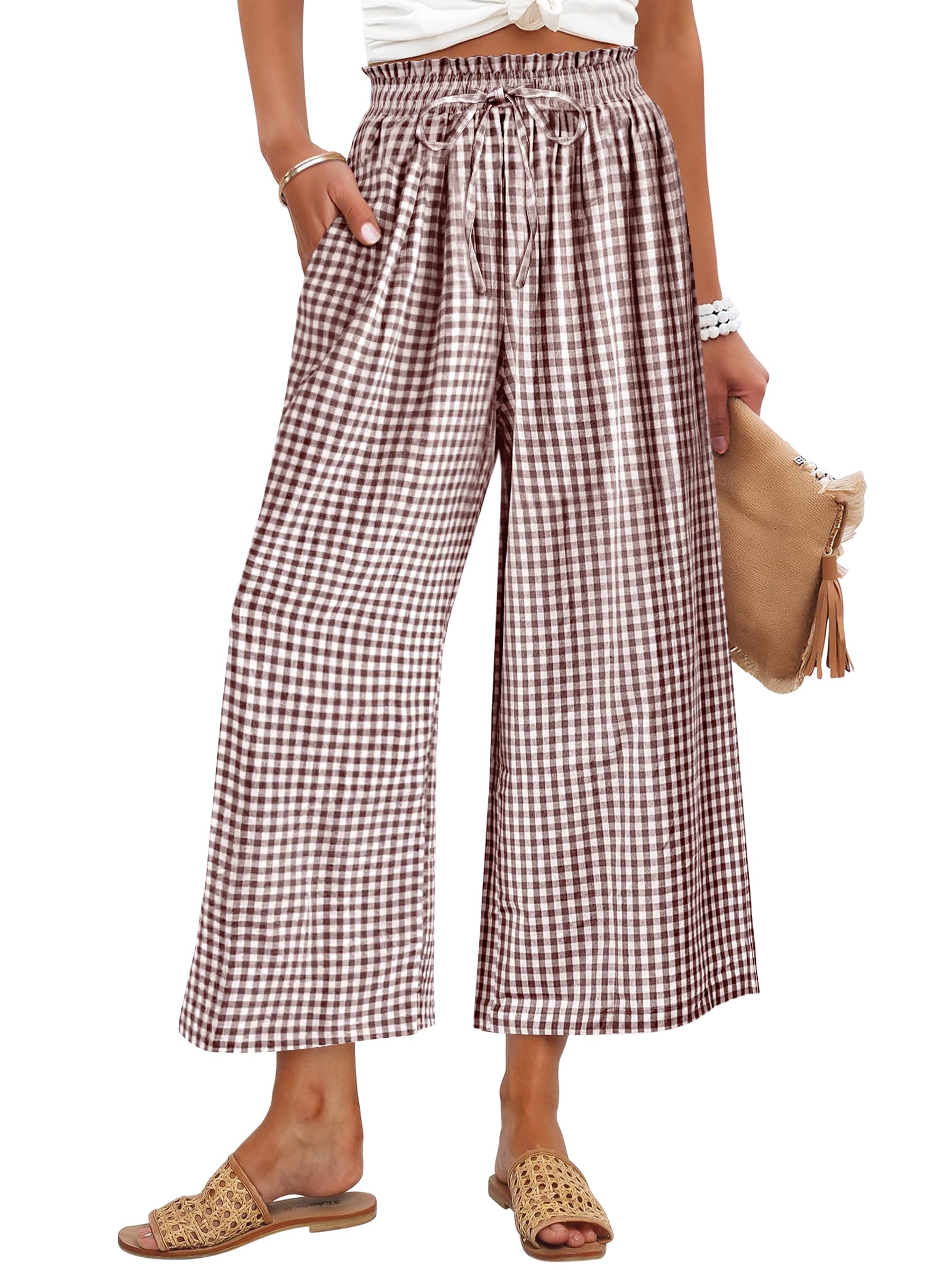 ANRABESS Womens Striped Gingham Palazzo Capri Pants Pajama Wide Leg Lounge Trousers Plaid Cute Crop PJ Bottoms with Pockets