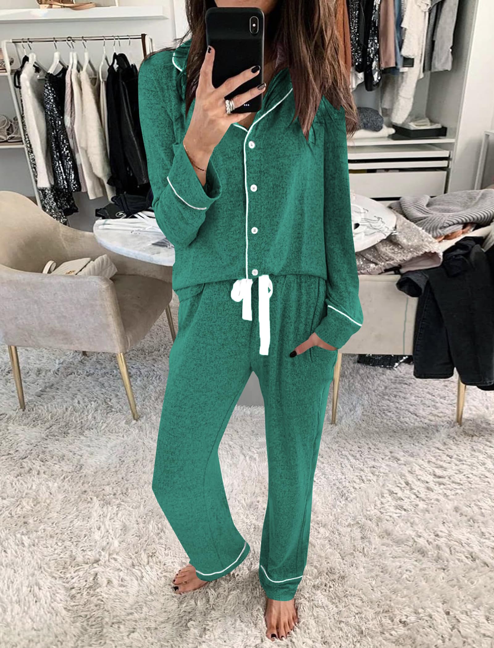 Womens Long Sleeve Pajamas Set Soft Sleepwear Button Down Shirt and Long Pants Pj Lounge Sets S-XXL with Pockets