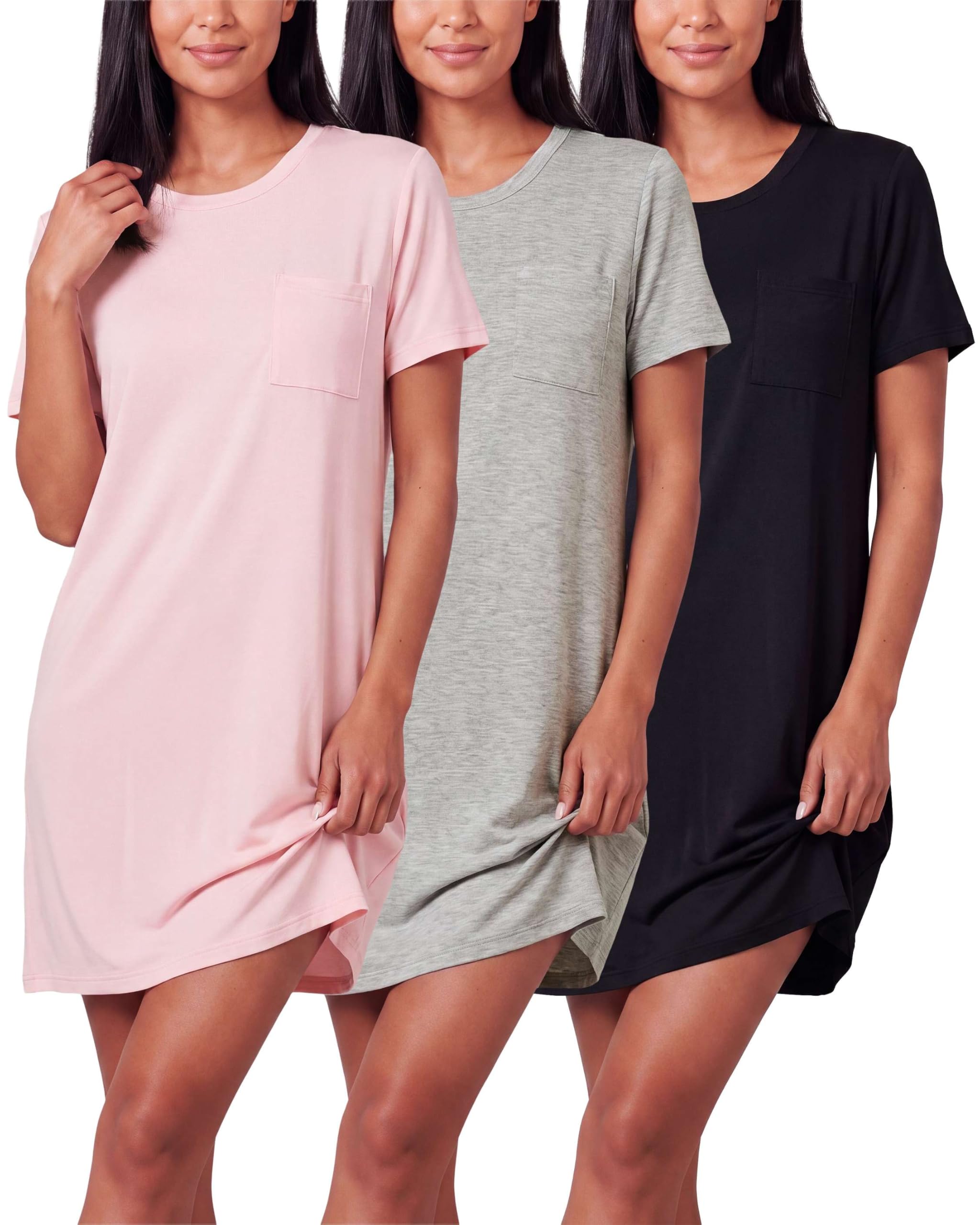 Real Essentials 3 Pack: Women's Short Sleeve Nightgown Dress – Nightshirt Pajama Sleep Shirt Sleepwear (Available In Plus)