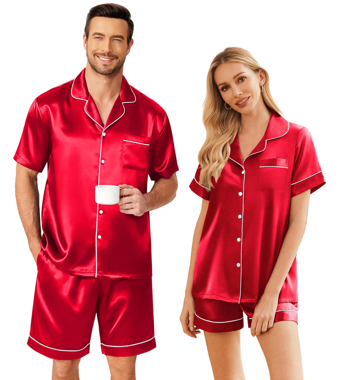 Ekouaer Couple Matching Pajamas Sets Silk Short Sleeve Button Down Sleepwear Satin Pjs Shorts Set Soft Loungewear S-XXL
