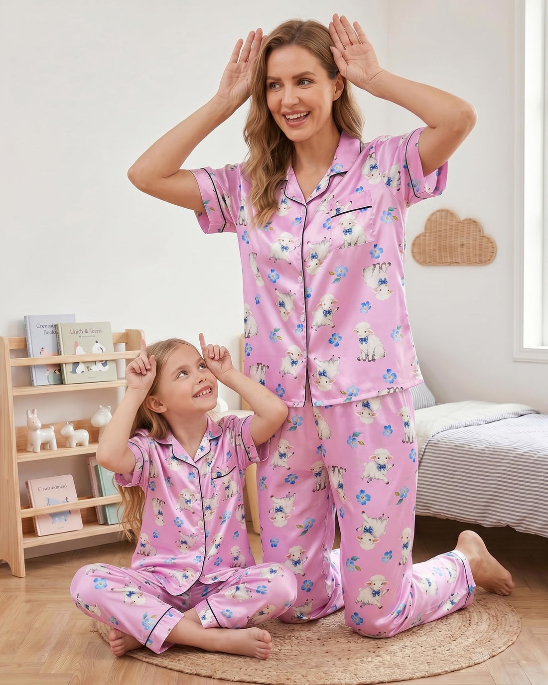 Mommy and Me Pajamas Mother Daughter Family Matching Sleepwear Button Down Silky Satin Nightwear