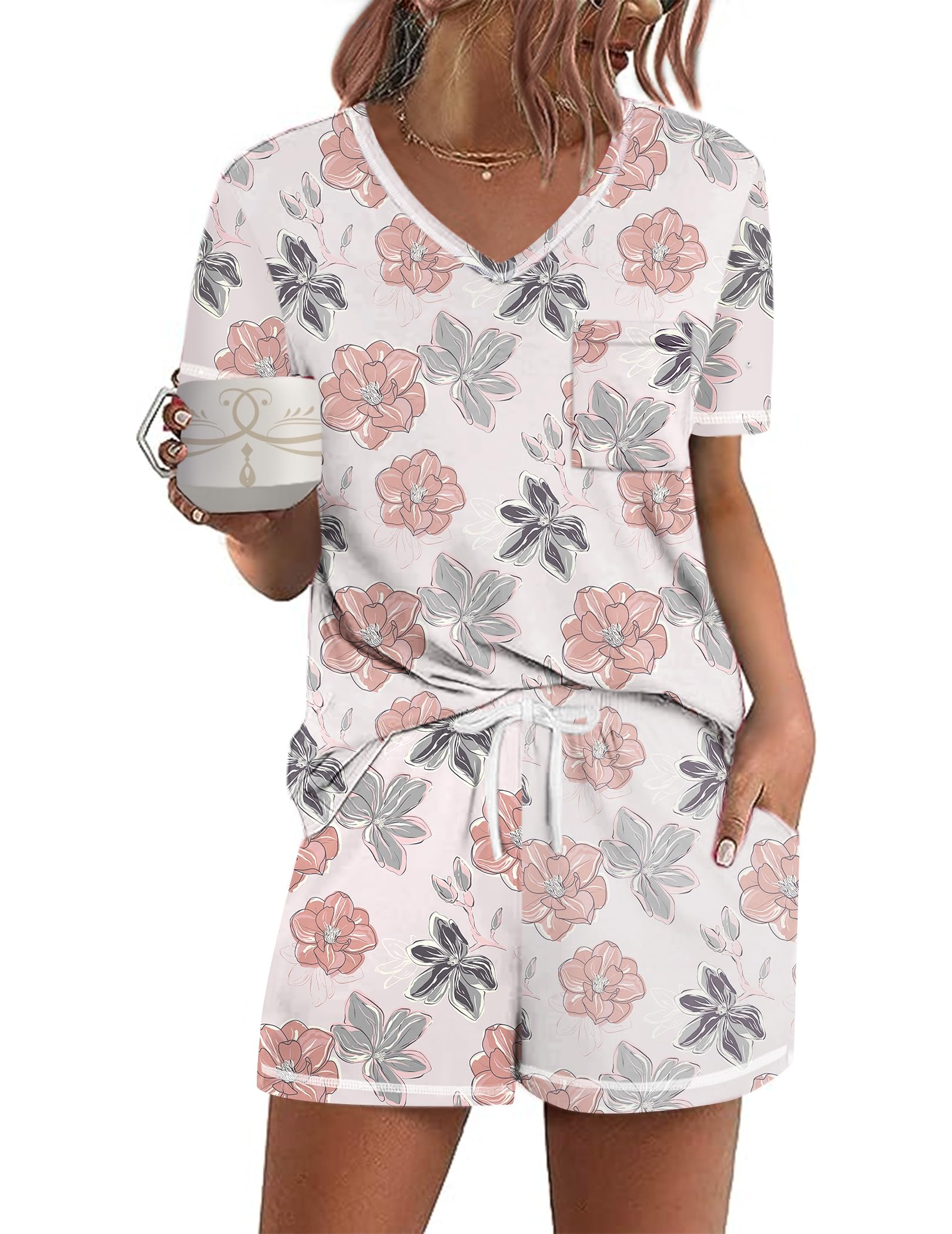 Ekouaer Women's Pajamas Sets Short Sleeve Pjs Two Piece Sleepwear Casual Lounge Sets With Pockets