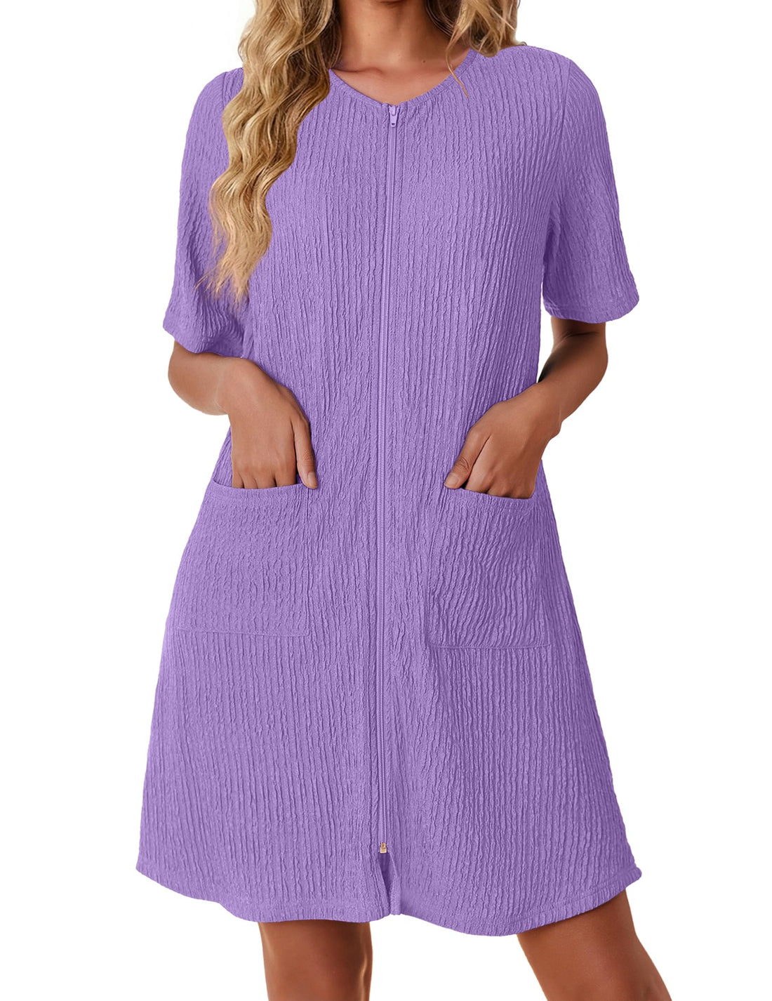 Ekouaer Women Zipper Robes Knit Short Bathrobe Lightweight House Coat with Pockets Soft Nightgown S-XXL WEBE CLOTHING