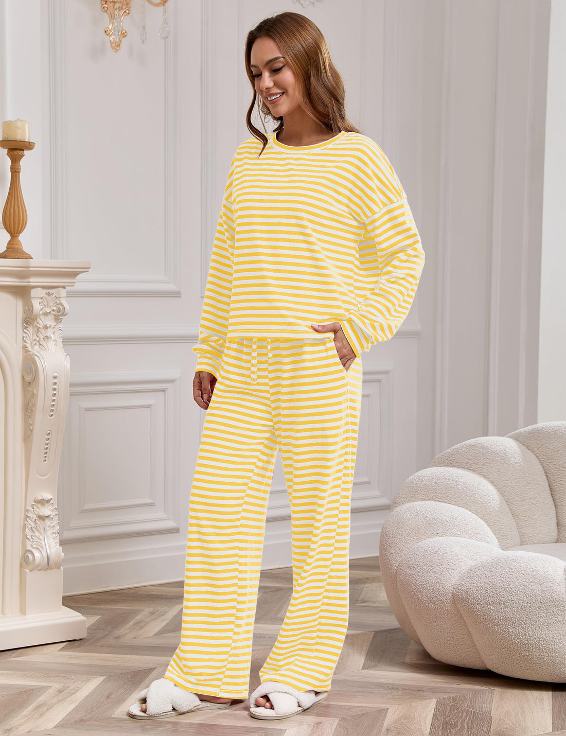 MISSACTIVER Women's Striped 2 Piece Lounge Set Casual Long Sleeve T-Shirt Drawstring Wide Leg Pants Matching Pajamas Set