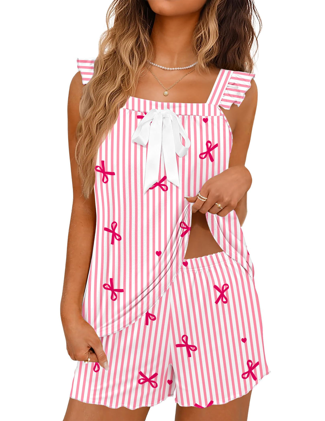 Ekouaer Pajama for Women 2 Piece Soft Pjs Sets Bow Tank Top and Shorts Set Bridal Ruffle Pajamas for Women XS-2XL