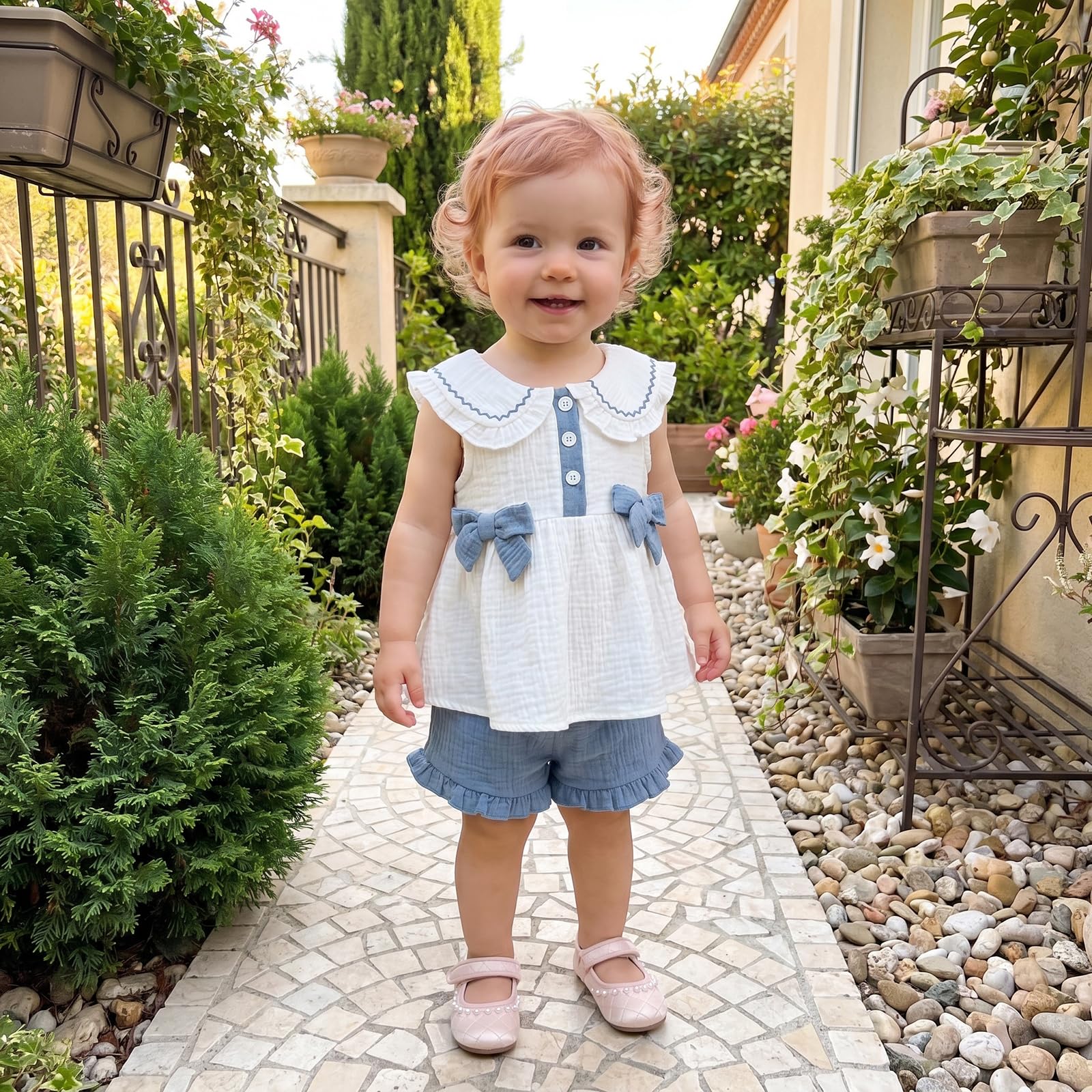 Amnnchya Toddler Girl Clothes Baby Summer Spring Outfits Cute Bow Button Smocked Ruffle Sleeve Tops ＋ Girls Shorts Set WEBE CLOTHING