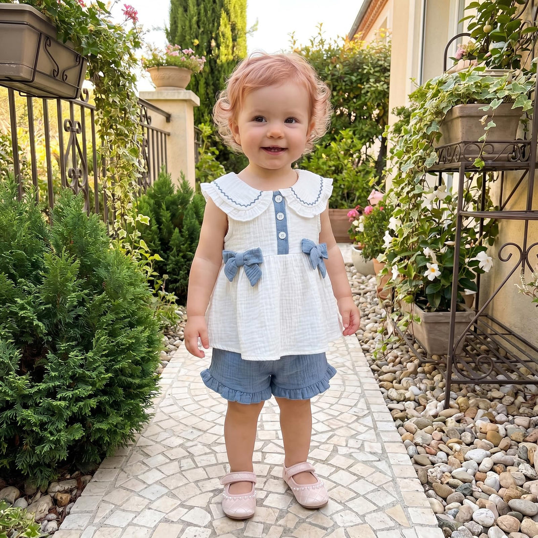 Amnnchya Toddler Girl Clothes Baby Summer Spring Outfits Cute Bow Button Smocked Ruffle Sleeve Tops ＋ Girls Shorts Set WEBE CLOTHING