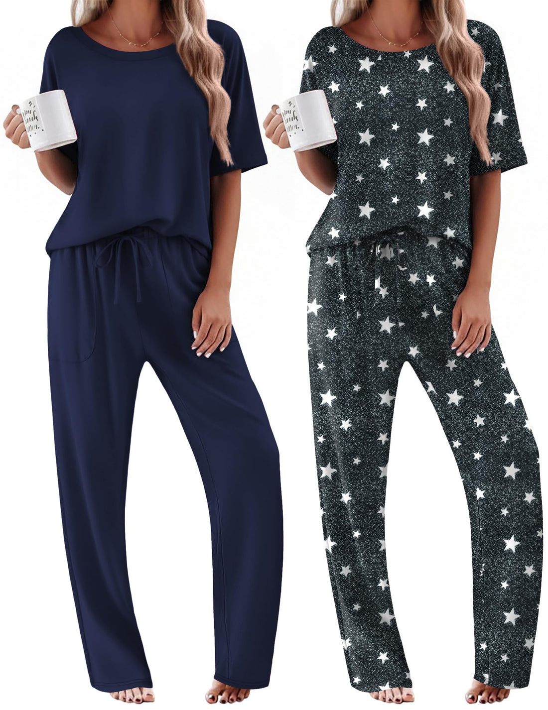 Ekouaer 2 Pack Womens Pajama Sets Short Sleeve Tops and Long Pants Casual Comfy Pjs Lounge Set with Pockets,S-XXL