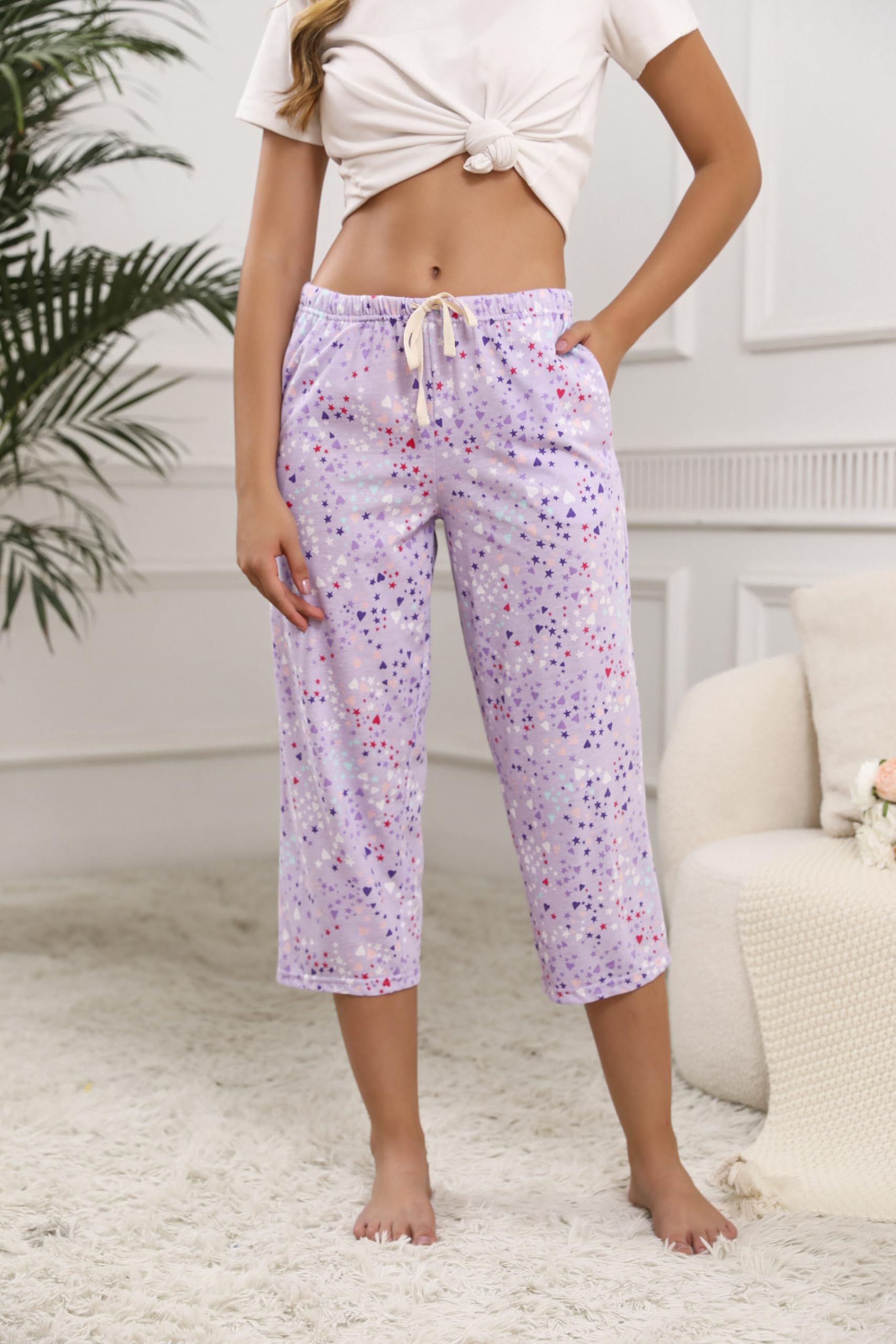 PNAEONG 3 Pack Women Pajama Pants Capri Length Drawstring Pj Bottoms Sleep Lounge Pants with Pockets S-3XL