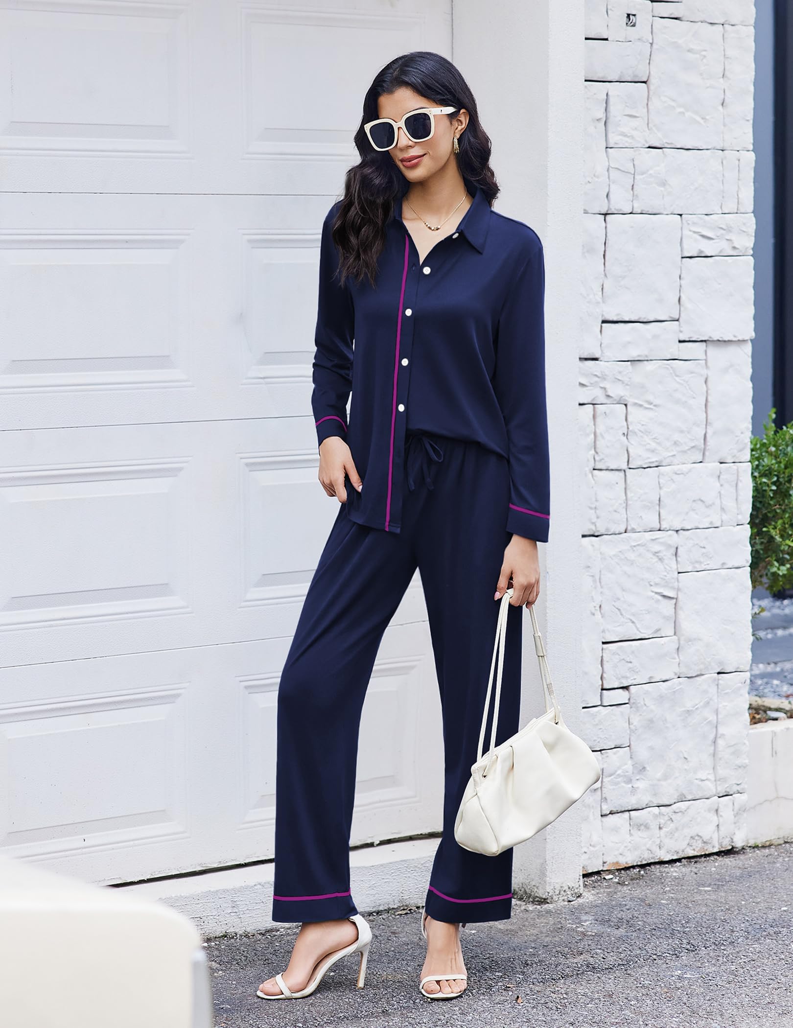 Ekouaer Womens Pajama Sets Long Sleeve Sleepwear Soft Button Down Pjs 2 Piece Loungewear witn Pants S-XXL