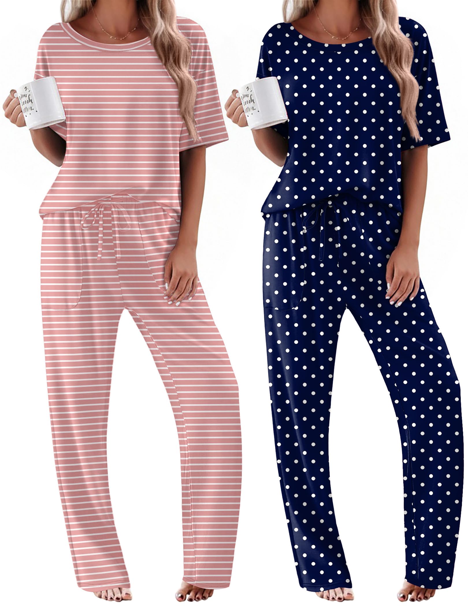 Ekouaer 2 Pack Womens Pajama Sets Short Sleeve Tops and Long Pants Casual Comfy Pjs Lounge Set with Pockets,S-XXL