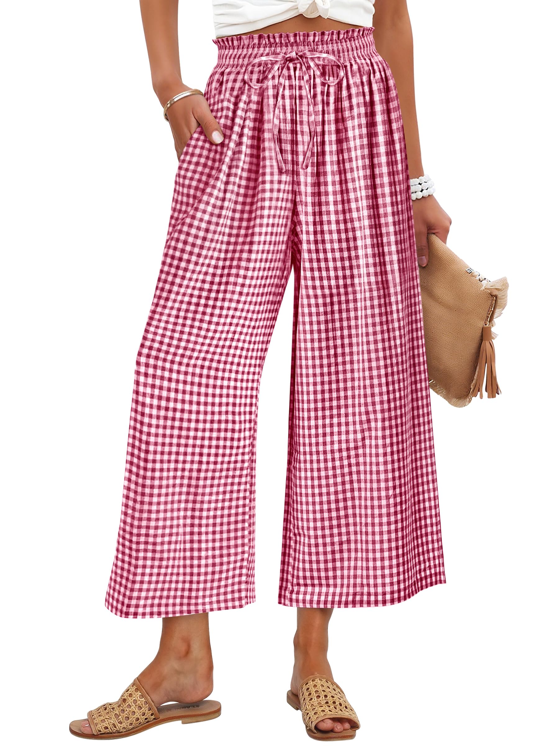 ANRABESS Womens Striped Gingham Palazzo Capri Pants Pajama Wide Leg Lounge Trousers Plaid Cute Crop PJ Bottoms with Pockets