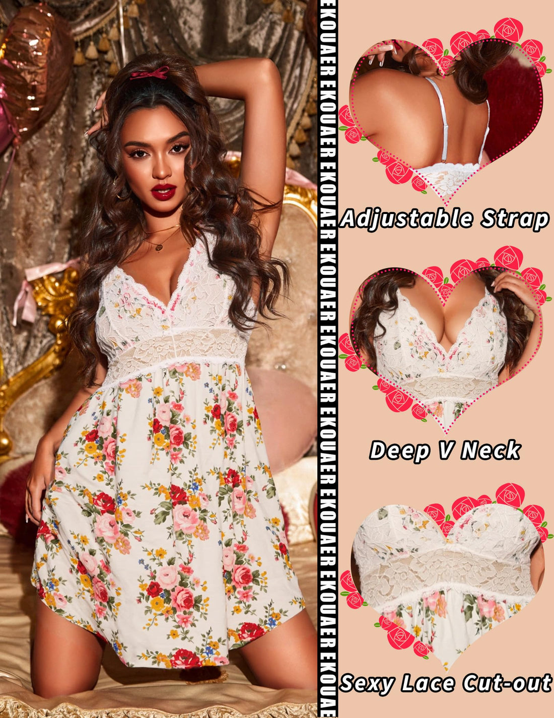 Ekouaer Lingerie for Women Sexy Nightgown Lace Trim Sleep Dress Chemise Nightgowns Sleeveless Night Gown Sleepwear S-3XL WEBE CLOTHING