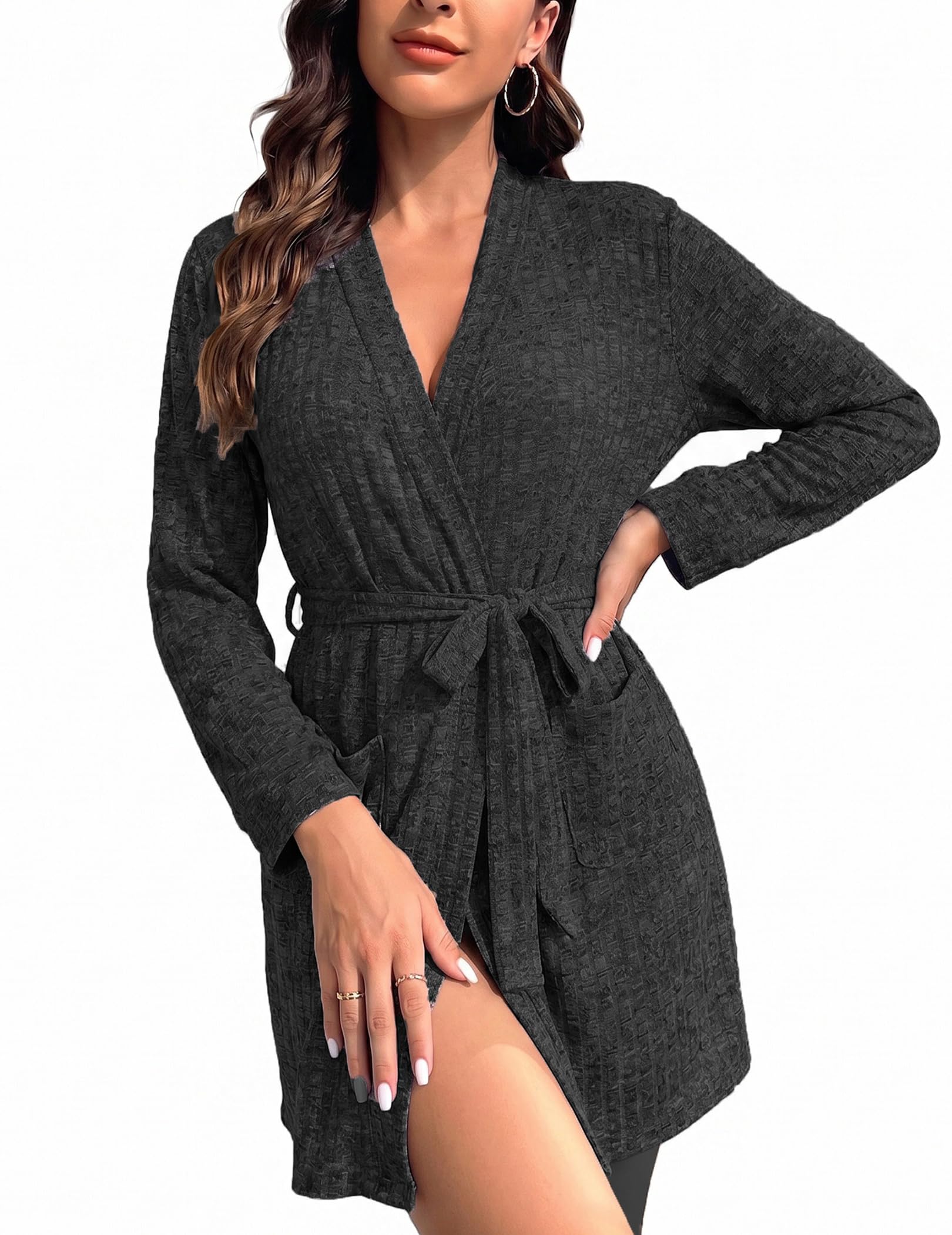 Ekouaer Women Robe Short Lightweight Bathrobe Ribbed Knit Soft Robes Long Sleeve Ladies Sleepwear with Pockets
