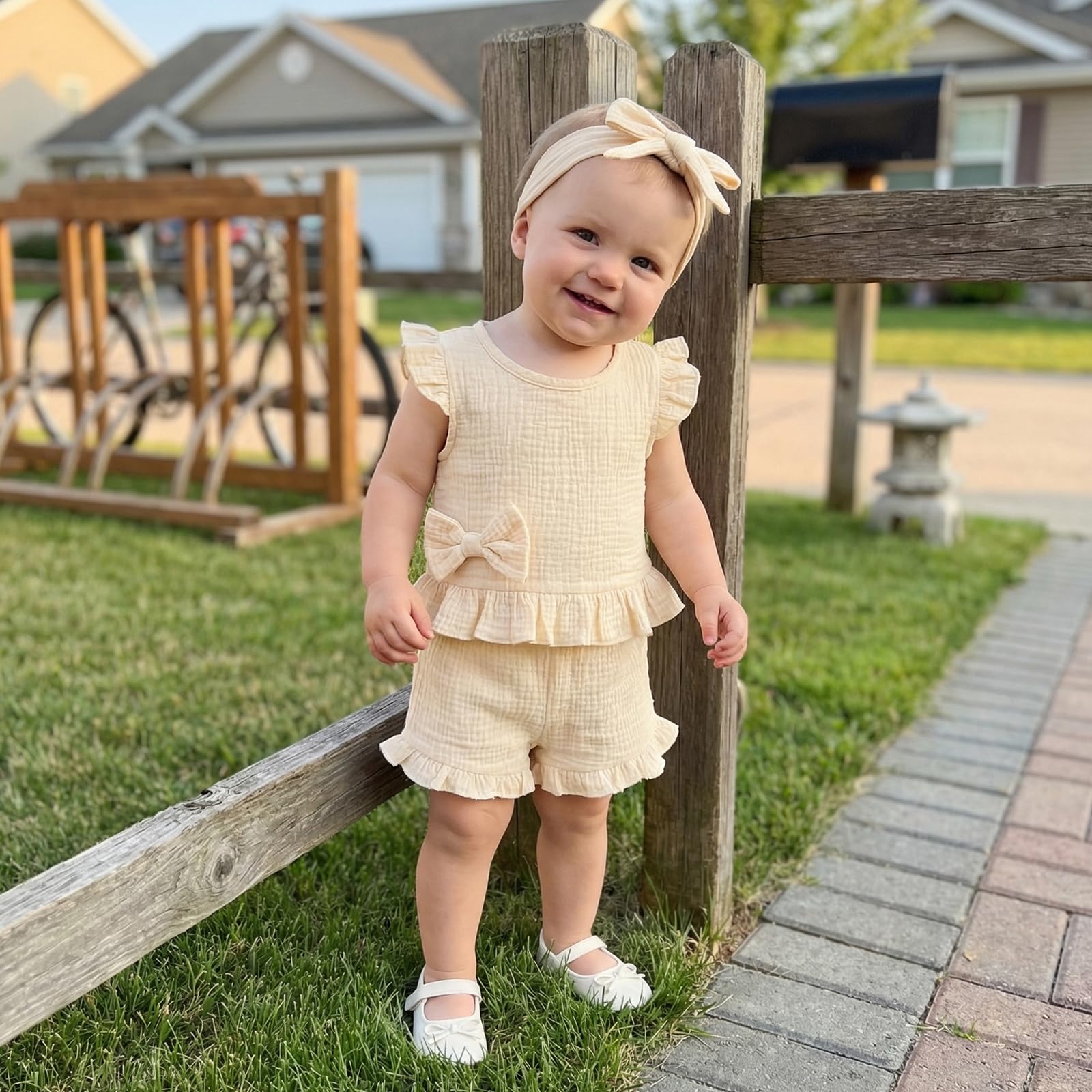 Amnnchya Toddler Girl Clothes Baby Summer Spring Outfits Cute Bow Button Smocked Ruffle Sleeve Tops ＋ Girls Shorts Set WEBE CLOTHING