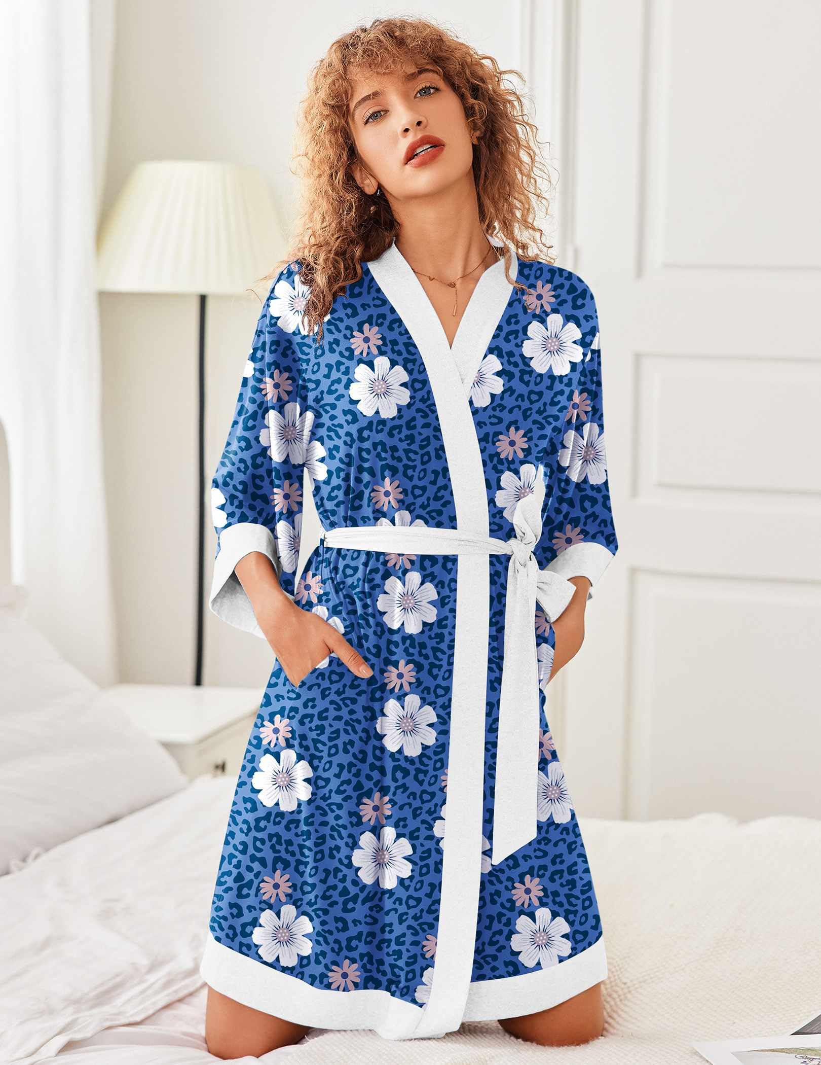 Ekouaer Robes for Women Bathrobe Lightweight Robe 3/4 Sleeve Knit Sleepwear | Summer Robe for Women with Pockets, Knee Length Womens Robe, Kimono Sleepwear WEBE CLOTHING