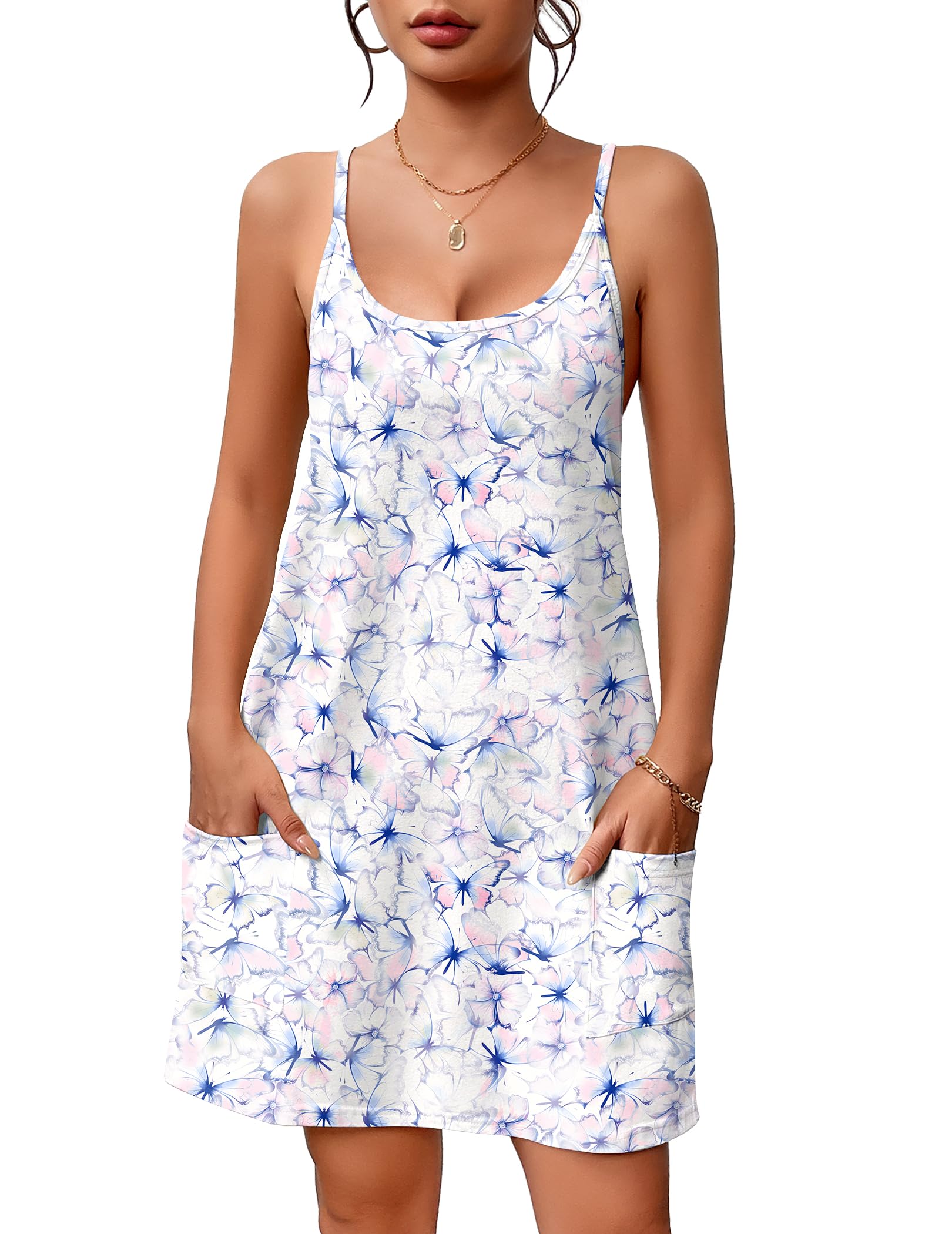 Ekouaer Nightgowns for Women Cotton Sleepwear Sexy Sleep Shirt Adjustable Spaghetti Strap Night Gowns with Pockets S-3XL WEBE CLOTHING