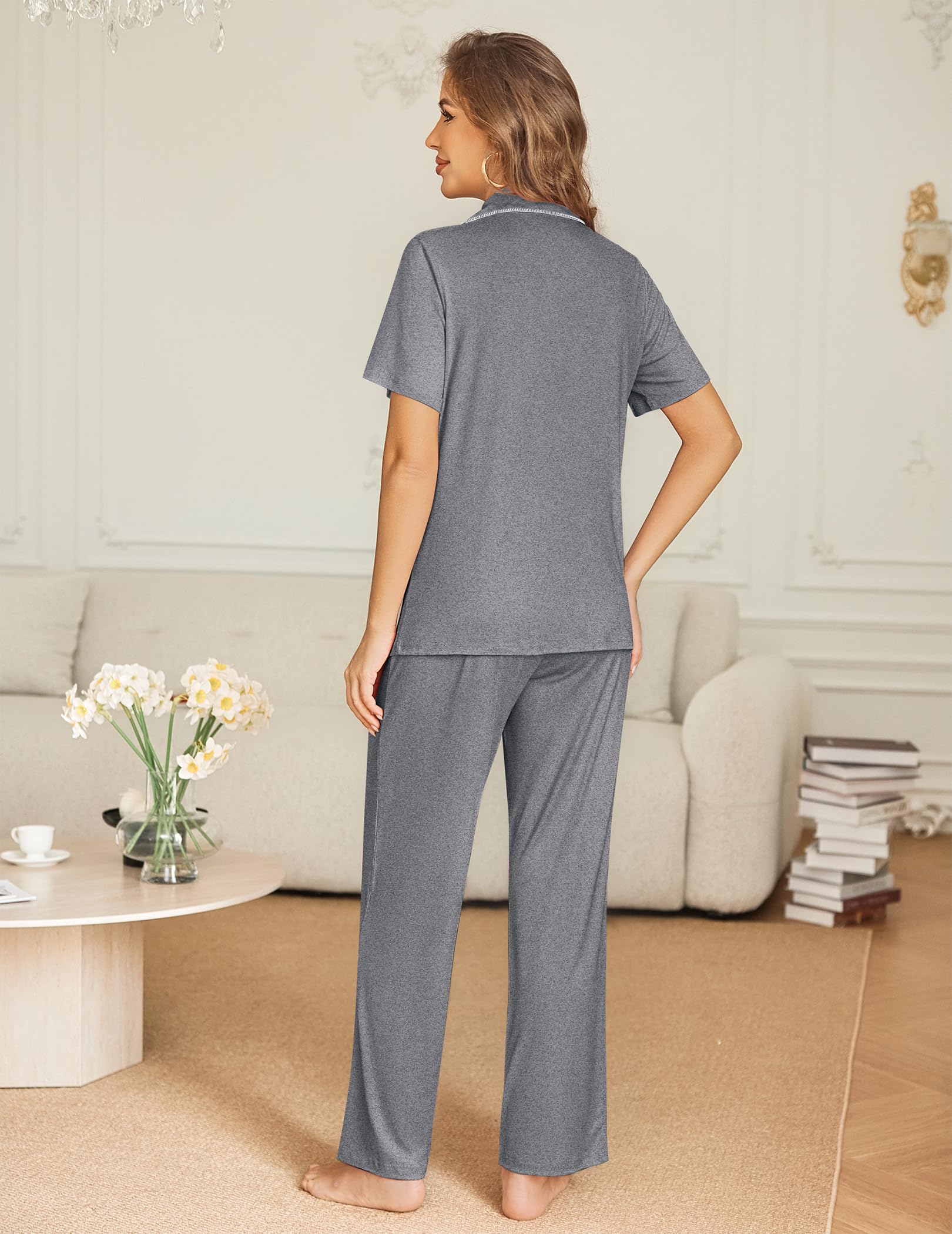 Ekouaer Womens Pajama Sets Button Down Pjs Lounge Sets 2 Piece Short Sleeve Sleepwear Soft Comfy Loungewear