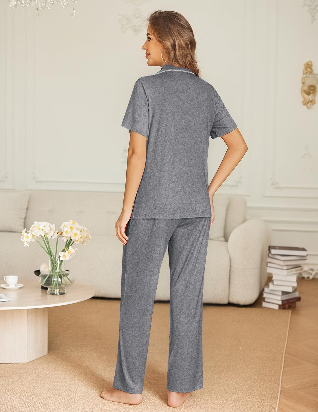Ekouaer Womens Pajama Sets Button Down Pjs Lounge Sets 2 Piece Short Sleeve Sleepwear Soft Comfy Loungewear