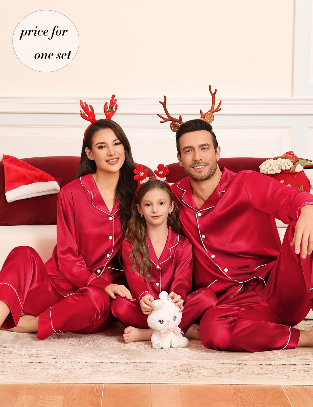 SWOMOG Matching Family Pajamas Set Women & Men & Kids Silk Satin Pjs 2 Pcs Long Sleeve Button Down Sleepwear with 2 Pockets