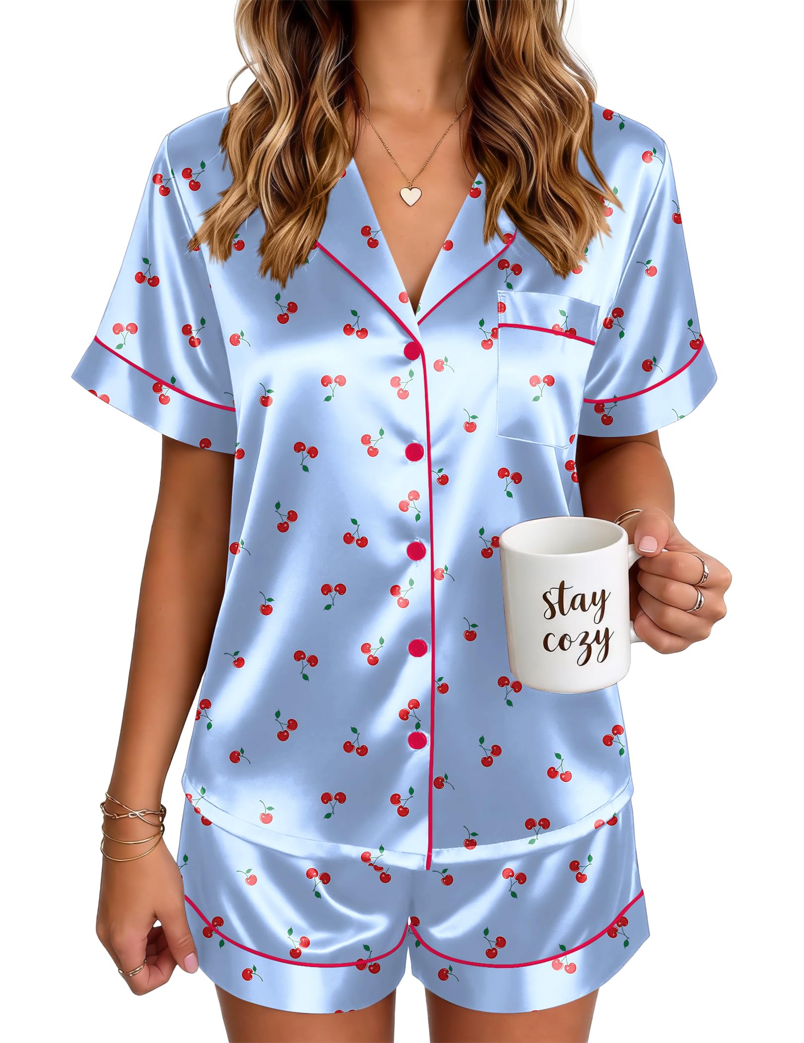 Ekouaer Satin Pajamas for Women Silk Pjs Short Set 2 Piece Button Up Lounge Sets Short Sleeve Sleepwear S-XXL