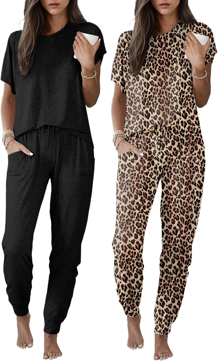 Ekouaer 2 pack Womens Pajama Short Sleeve Jogger Pants Pjs Lounge Set | Pajama Sets with Pockets Comfy Sleepwear for Daily Wear, Sleep, Home, Sport, Workout WEBE CLOTHING