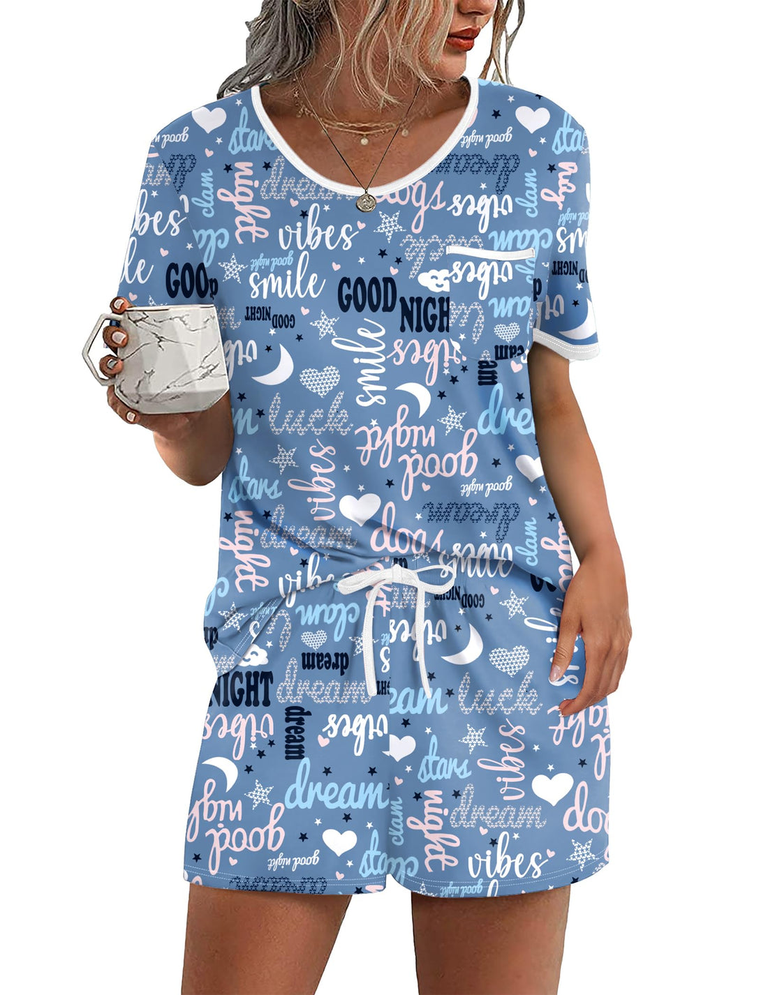 Ekouaer Pajama Set for Women 2 Piece Lounge Set Short Sleeve Tops and Shorts Soft Sleepwear, Chest Pocket
