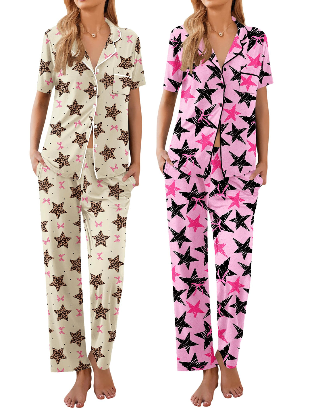 Ekouaer 2 Pack：Womens Pajamas Short Sleeve Pjs Notch Collar Button Up Loungewear Cozy Sleepwear Sets