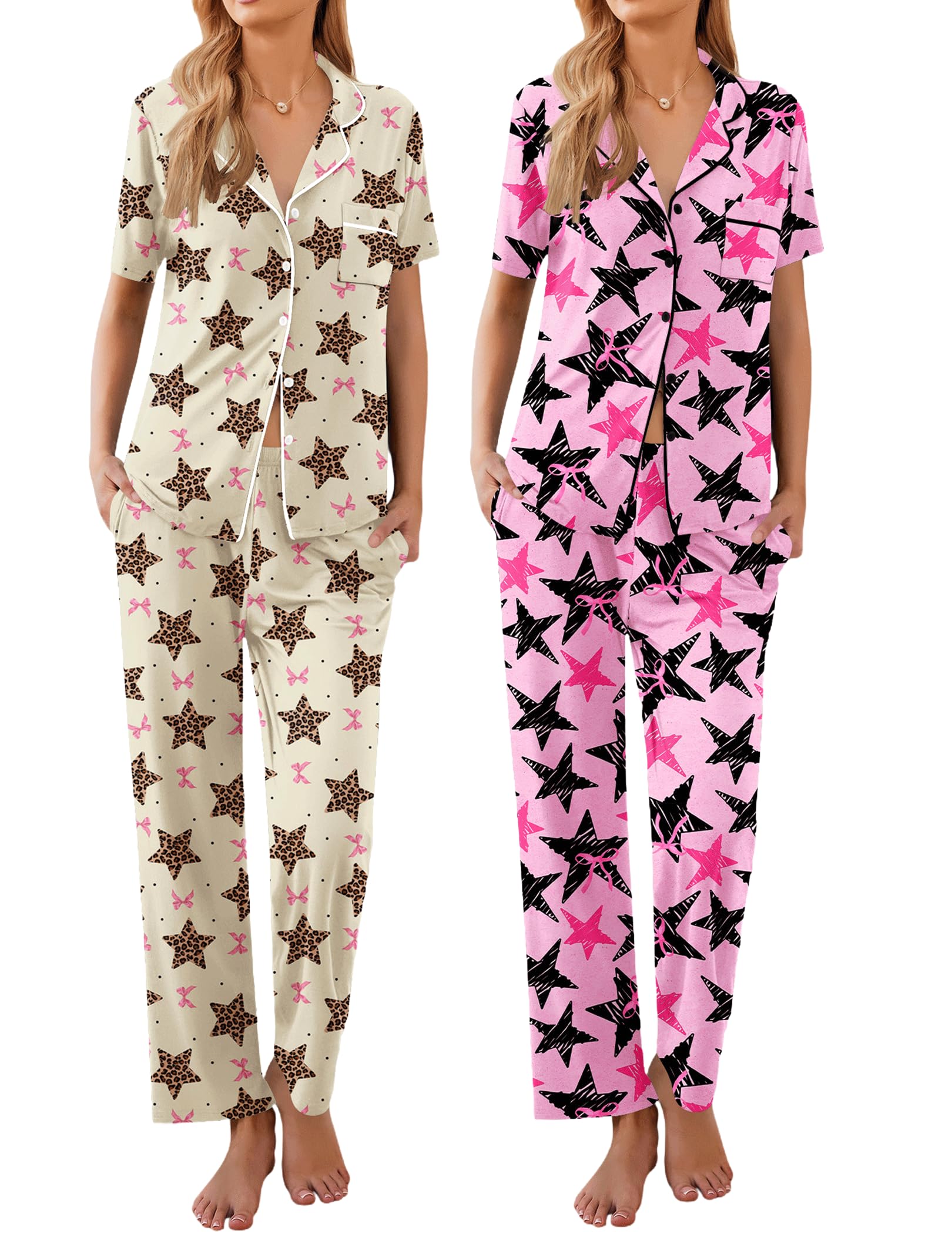 Ekouaer 2 Pack：Womens Pajamas Short Sleeve Pjs Notch Collar Button Up Loungewear Cozy Sleepwear Sets WEBE CLOTHING