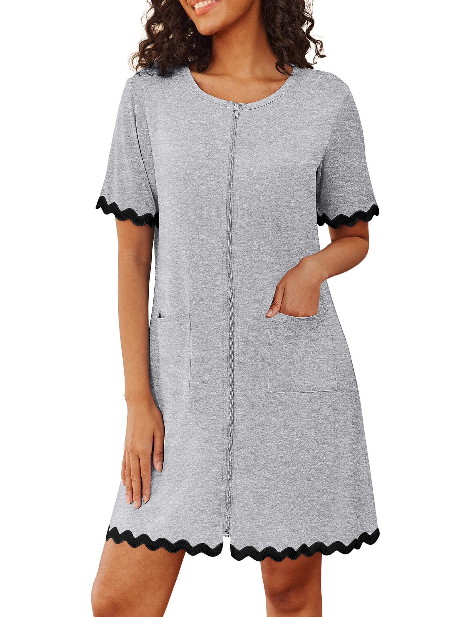 Ekouaer Women Zip Up Robe Lightweight Housecoats with Pockets Knee Length Short Bathrobes Soft Nightgown S-3XL
