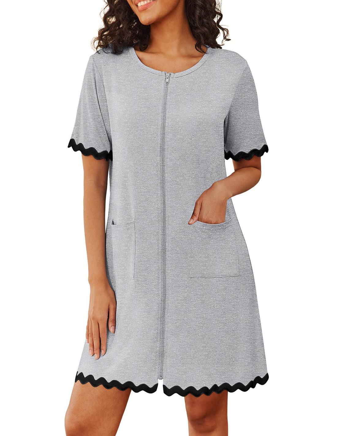 Ekouaer Women Zip Up Robe Lightweight Housecoats with Pockets Knee Length Short Bathrobes Soft Nightgown S-3XL