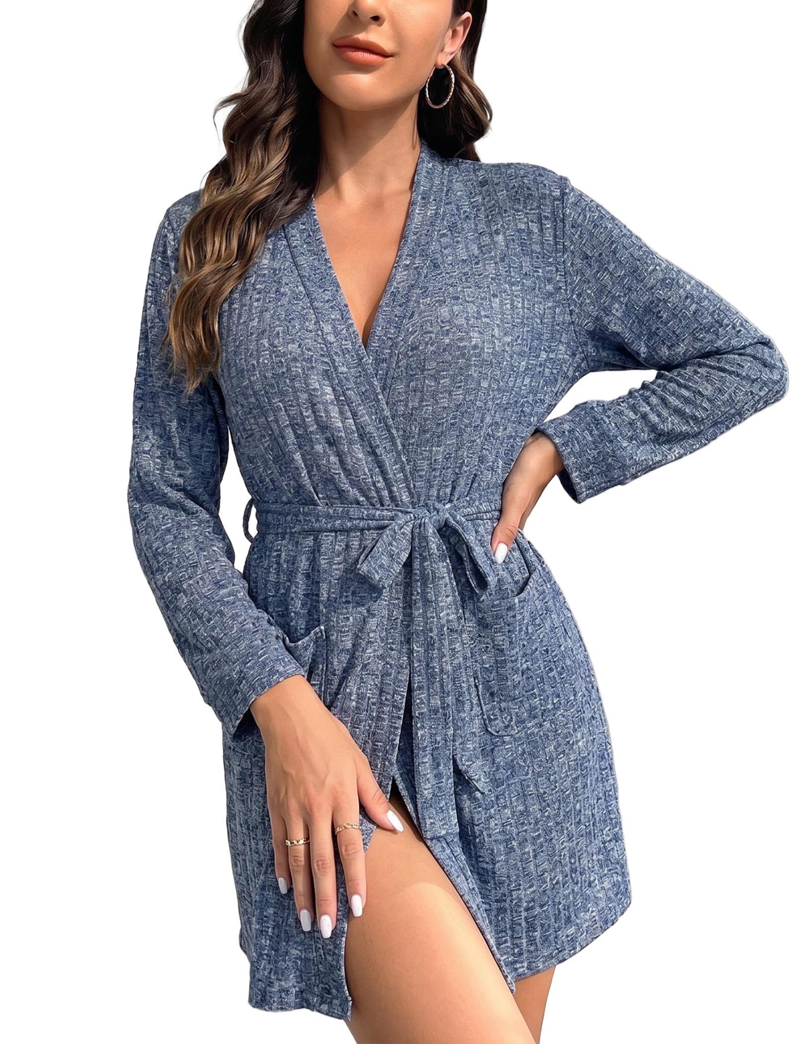 Ekouaer Women Robe Short Lightweight Bathrobe Ribbed Knit Soft Robes Long Sleeve Ladies Sleepwear with Pockets