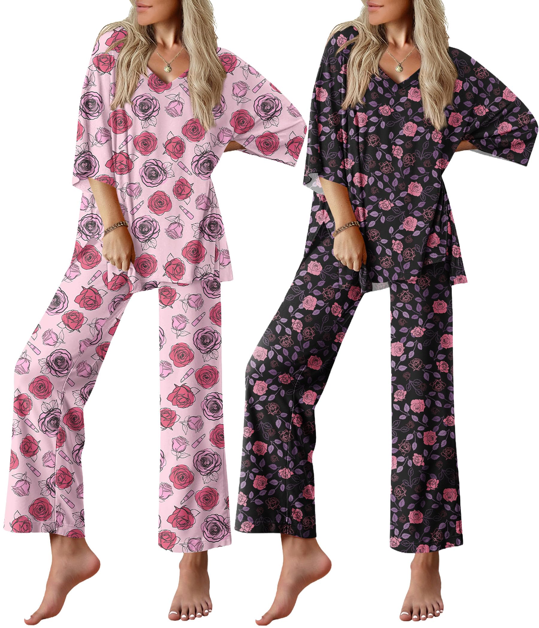 Ekouaer 2 Packs Lounge Sets for Women Short Sleeve Pajamas Set V Neck Top and Long Pants Comfy Pjs Outifts with Pockets