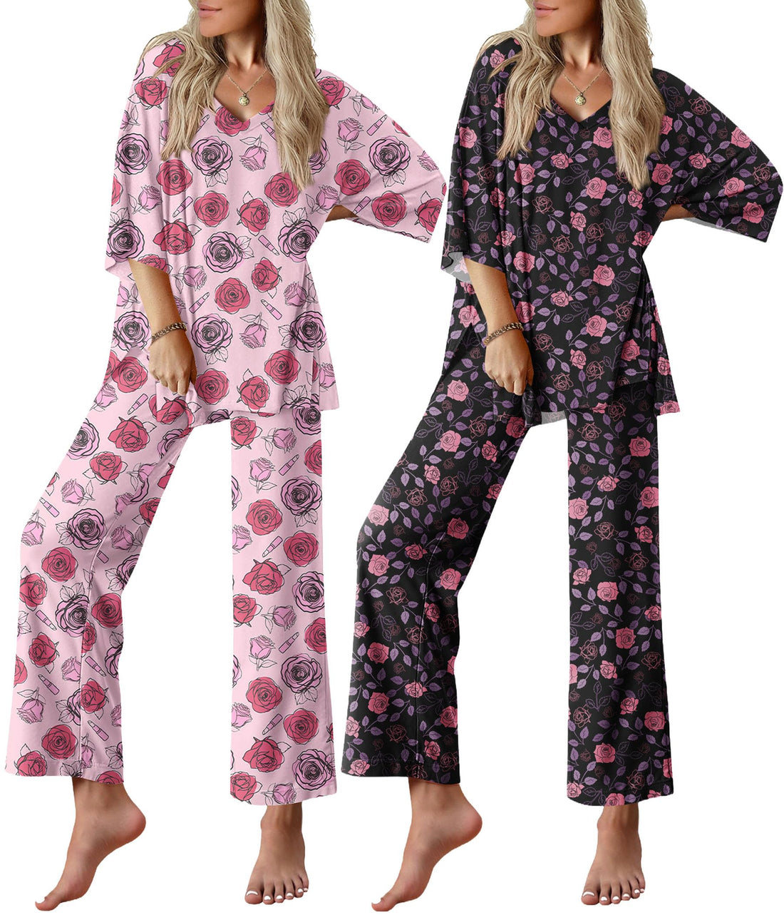 Ekouaer 2 Packs Lounge Sets for Women Short Sleeve Pajamas Set V Neck Top and Long Pants Comfy Pjs Outifts with Pockets